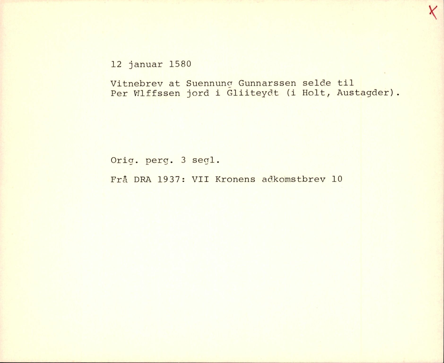 Riksarkivets diplomsamling, AV/RA-EA-5965/F35/F35f/L0002: Regestsedler: Diplomer fra DRA 1937 og 1996, p. 389