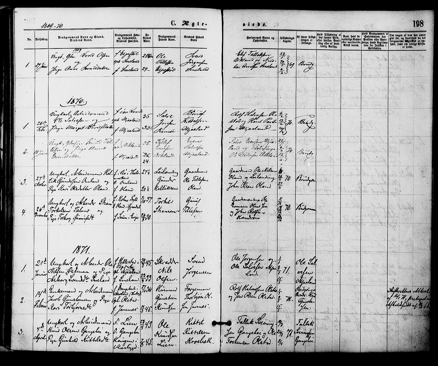 Åmli sokneprestkontor, SAK/1111-0050/F/Fa/Fac/L0009: Parish register (official) no. A 9 /2, 1869-1884, p. 198