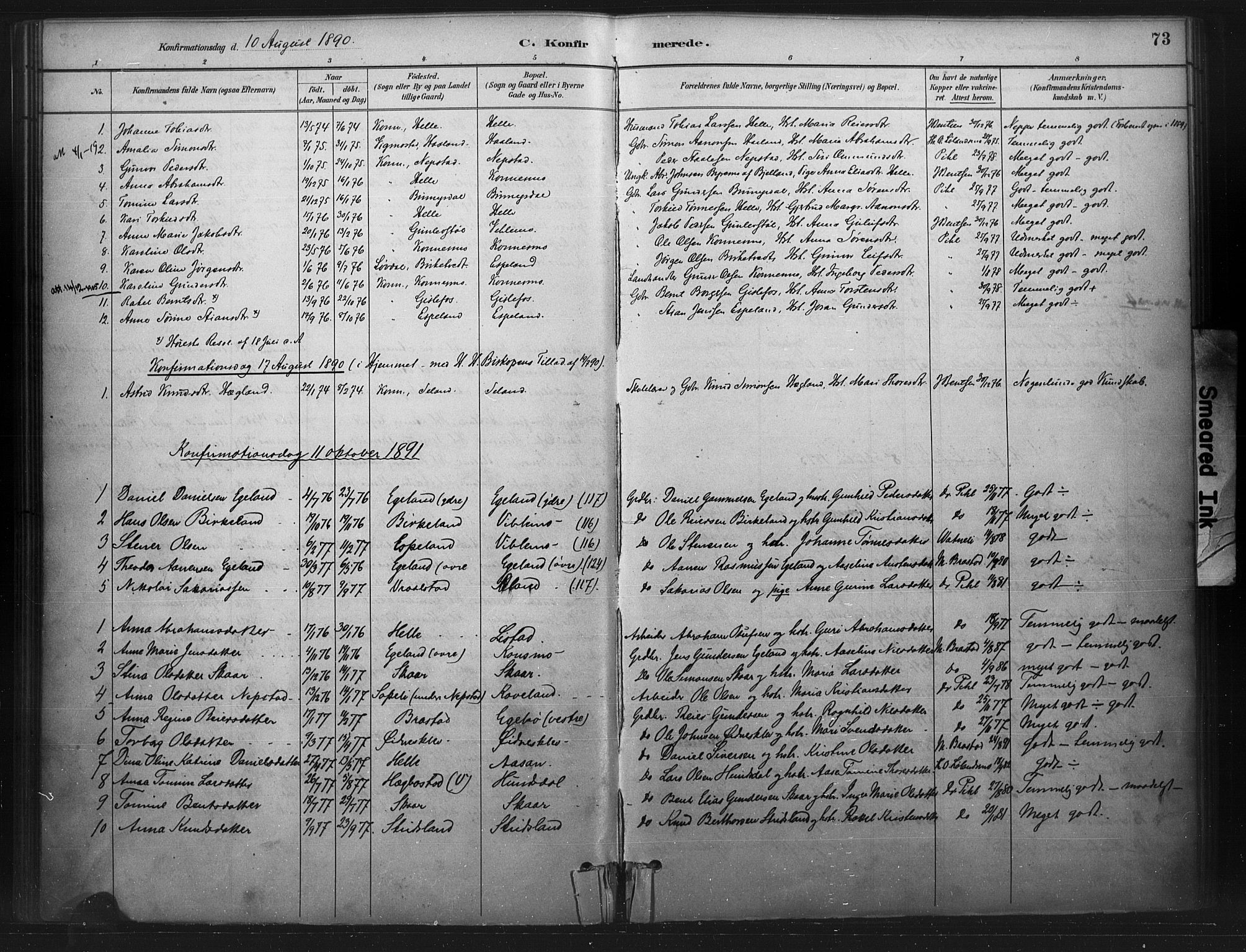 Nord-Audnedal sokneprestkontor, AV/SAK-1111-0032/F/Fa/Faa/L0003: Parish register (official) no. A 3, 1882-1900, p. 73