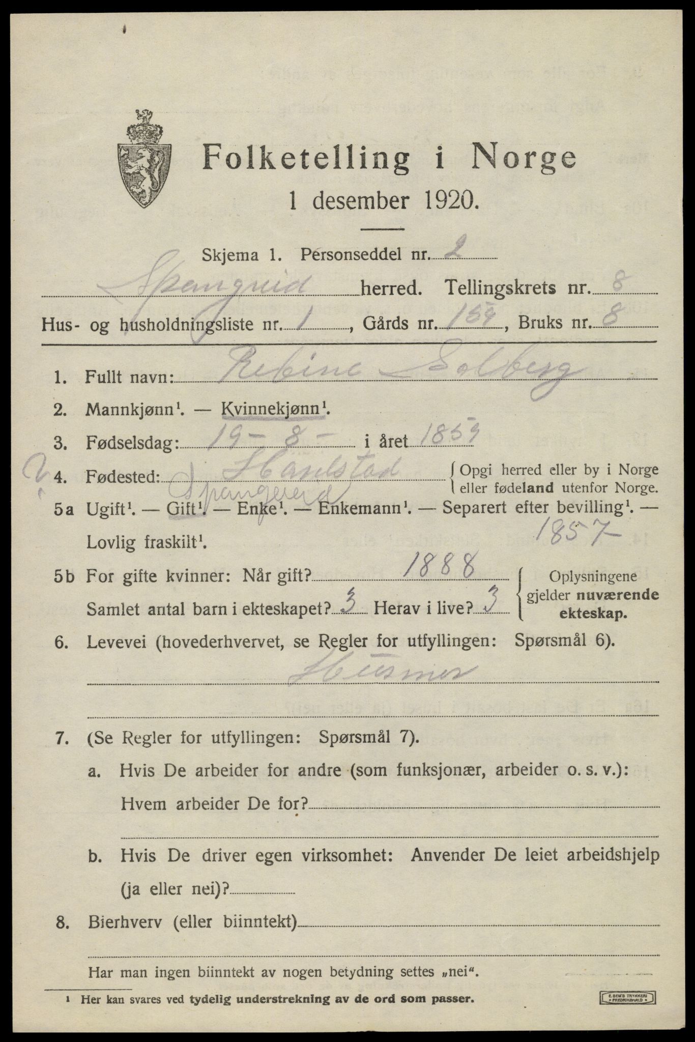 SAK, 1920 census for Spangereid, 1920, p. 2865