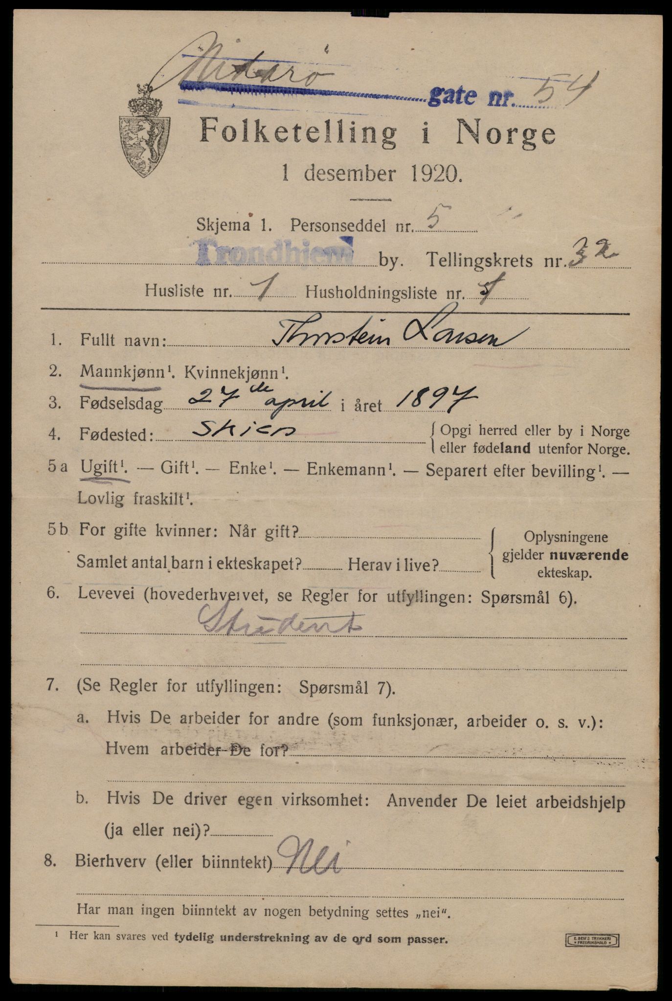 SAT, 1920 census for Trondheim, 1920, p. 77208