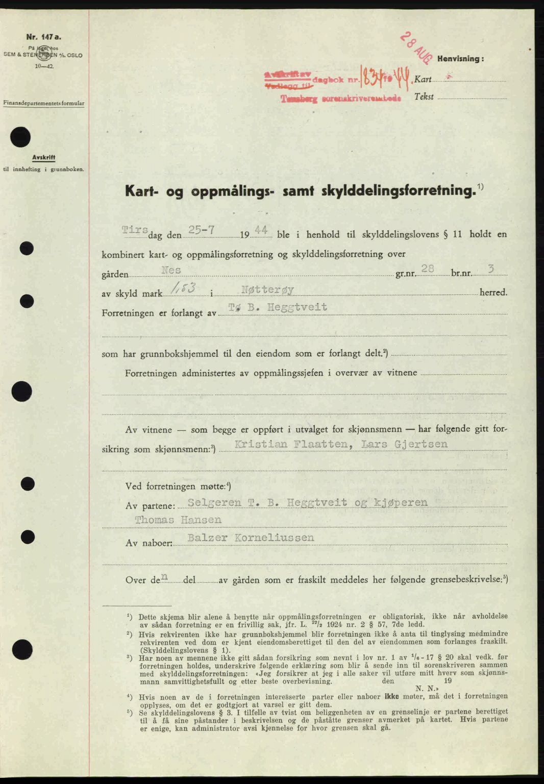 Tønsberg sorenskriveri, AV/SAKO-A-130/G/Ga/Gaa/L0015: Mortgage book no. A15, 1944-1944, Diary no: : 1834/1944