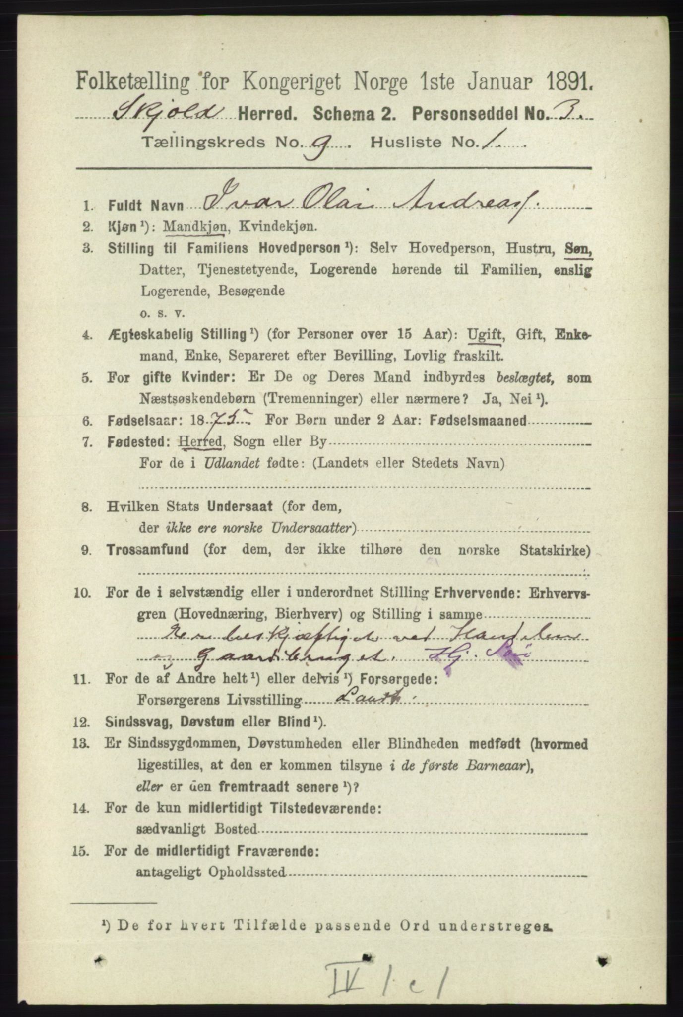 RA, 1891 census for 1154 Skjold, 1891, p. 1785