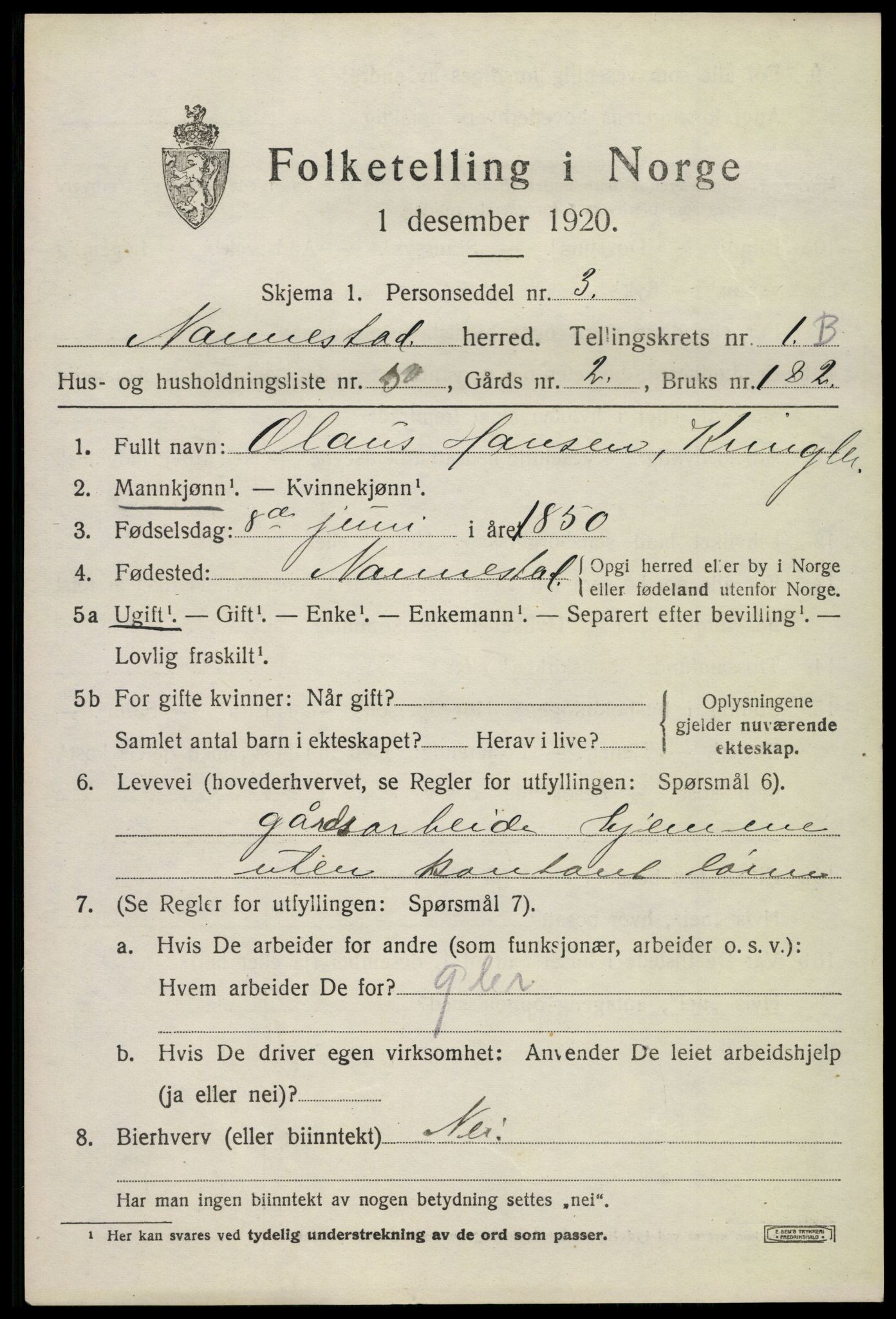 SAO, 1920 census for Nannestad, 1920, p. 2463