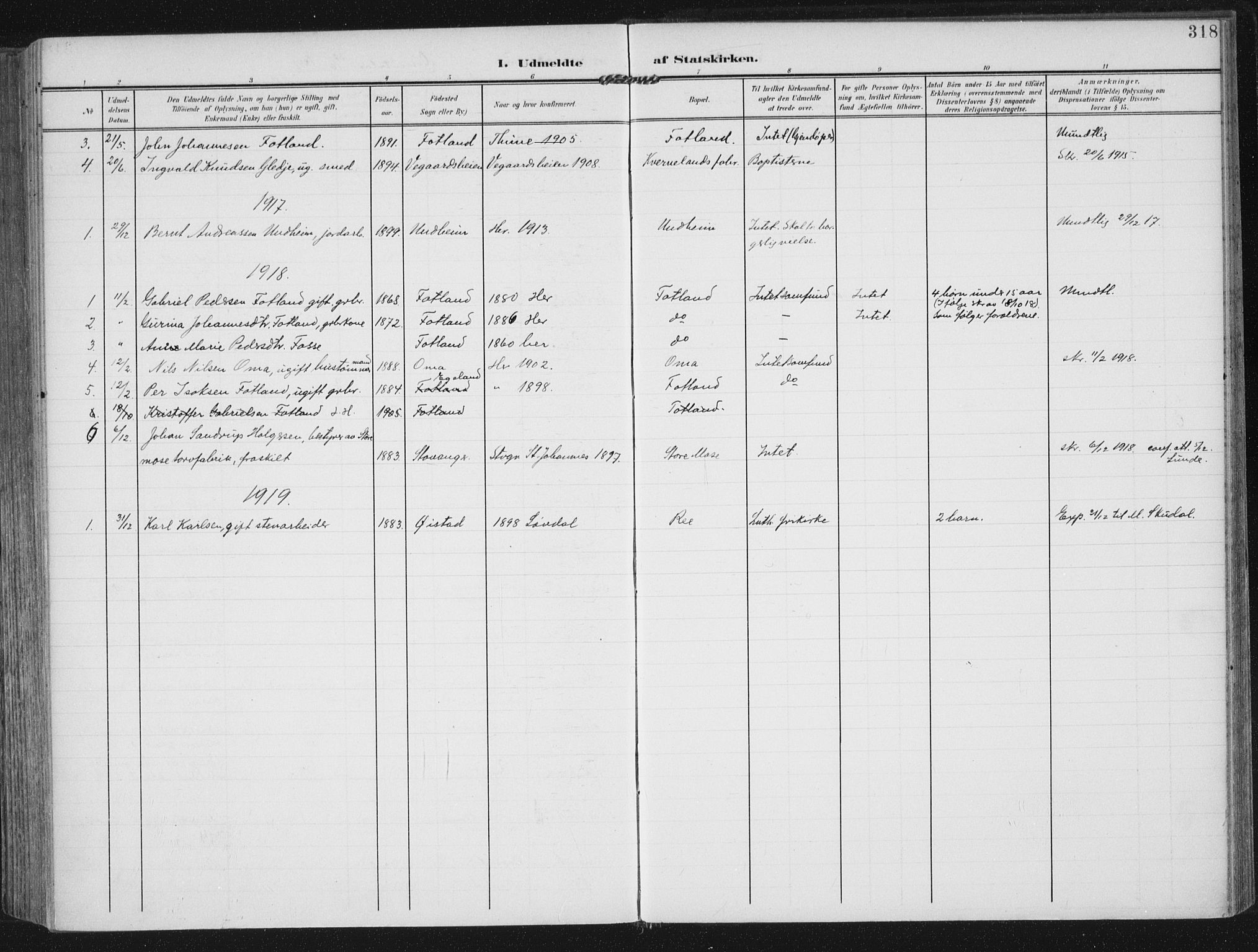 Lye sokneprestkontor, SAST/A-101794/002/A/L0001: Parish register (official) no. A 12, 1904-1920, p. 318