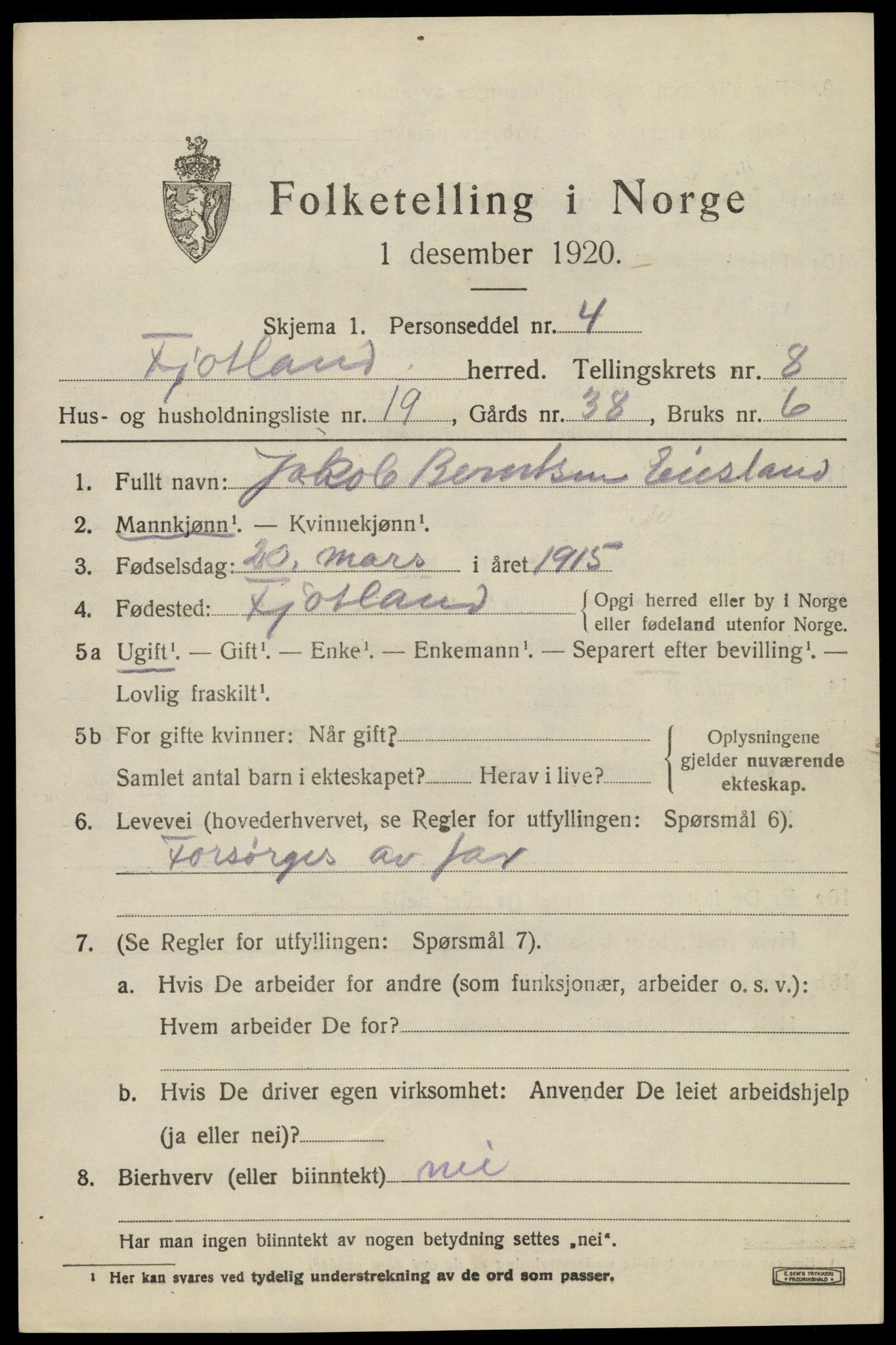 SAK, 1920 census for Fjotland, 1920, p. 2214