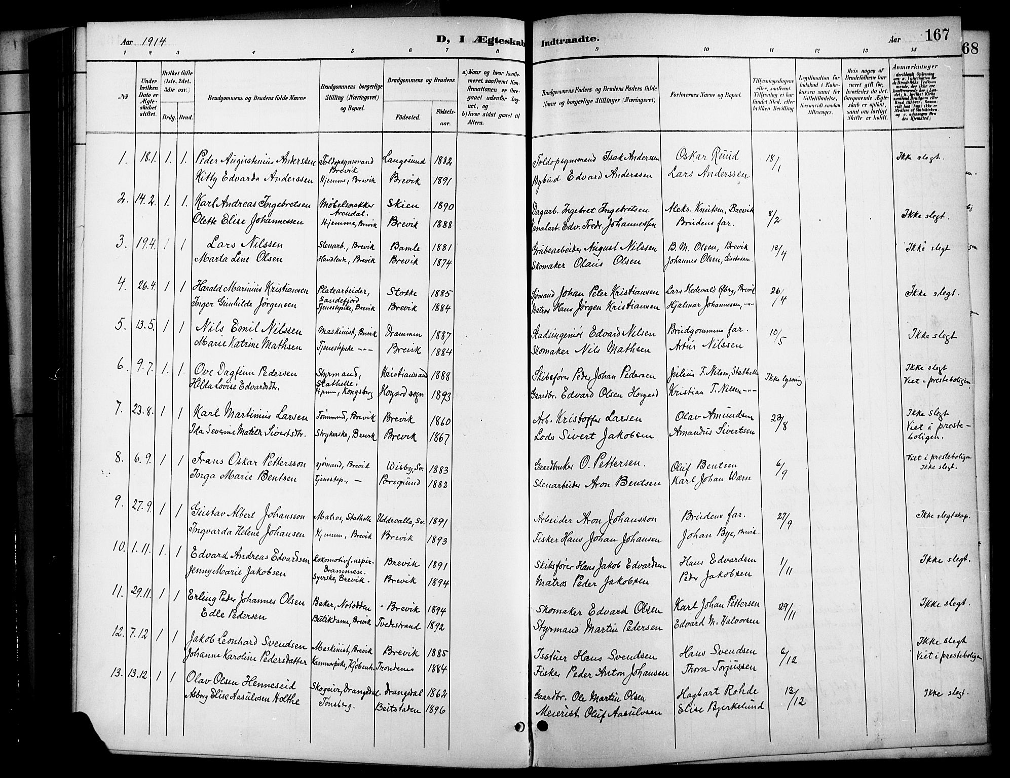 Brevik kirkebøker, SAKO/A-255/G/Ga/L0005: Parish register (copy) no. 5, 1901-1924, p. 167