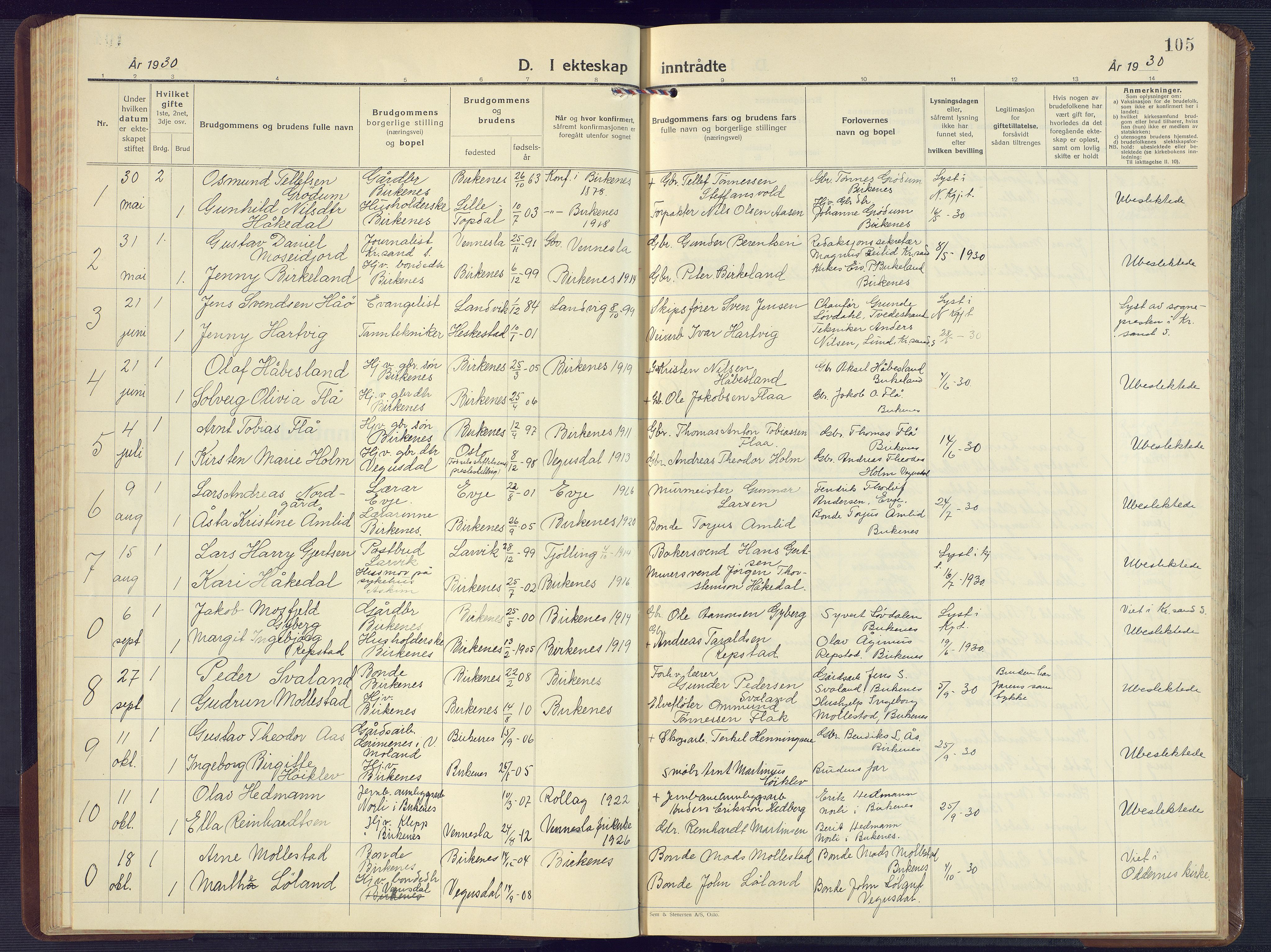 Birkenes sokneprestkontor, SAK/1111-0004/F/Fb/L0005: Parish register (copy) no. B 5, 1930-1957, p. 105