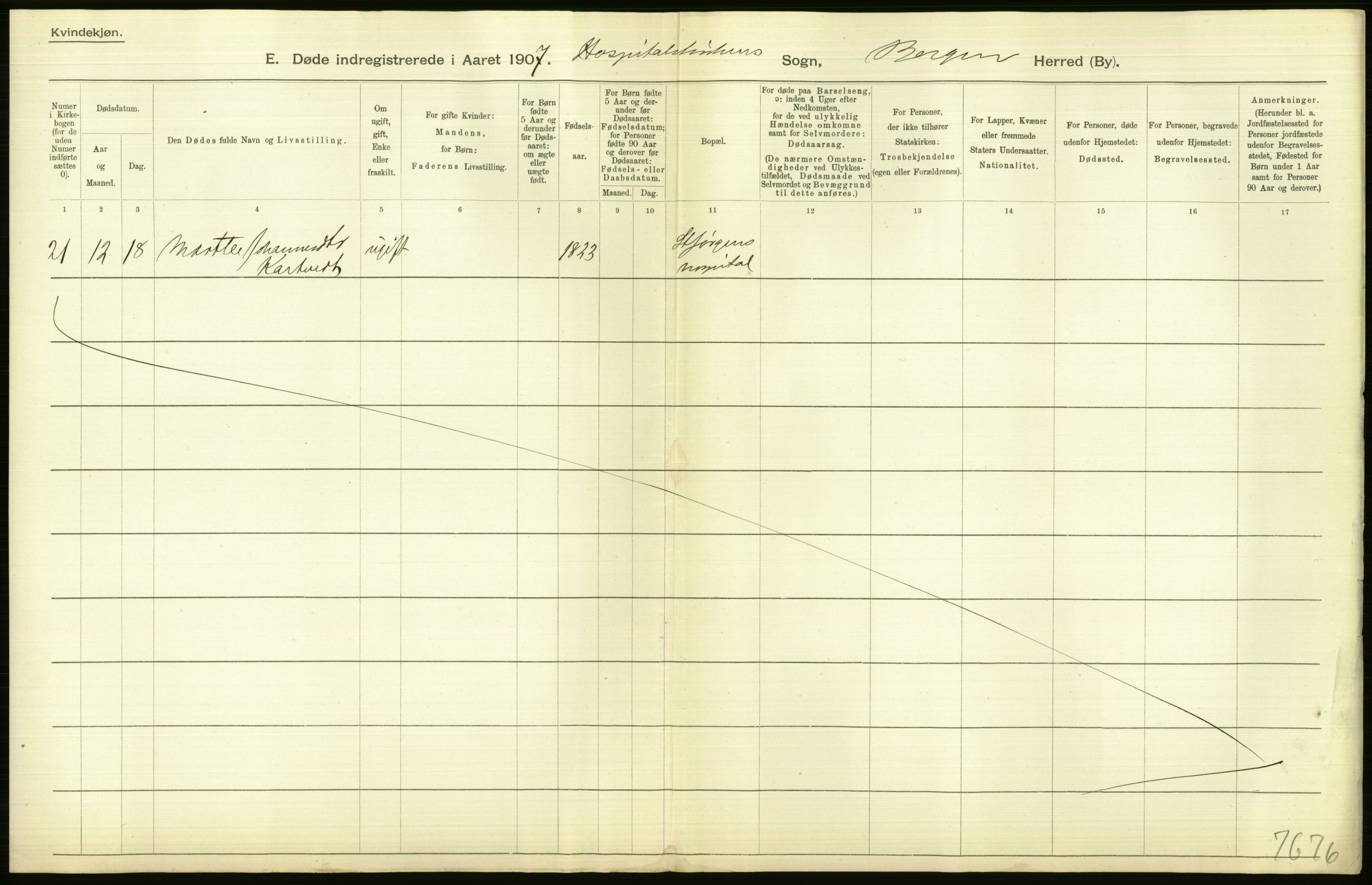 Statistisk sentralbyrå, Sosiodemografiske emner, Befolkning, RA/S-2228/D/Df/Dfa/Dfae/L0031: Bergen: gifte, døde, dødfødte., 1907, p. 168