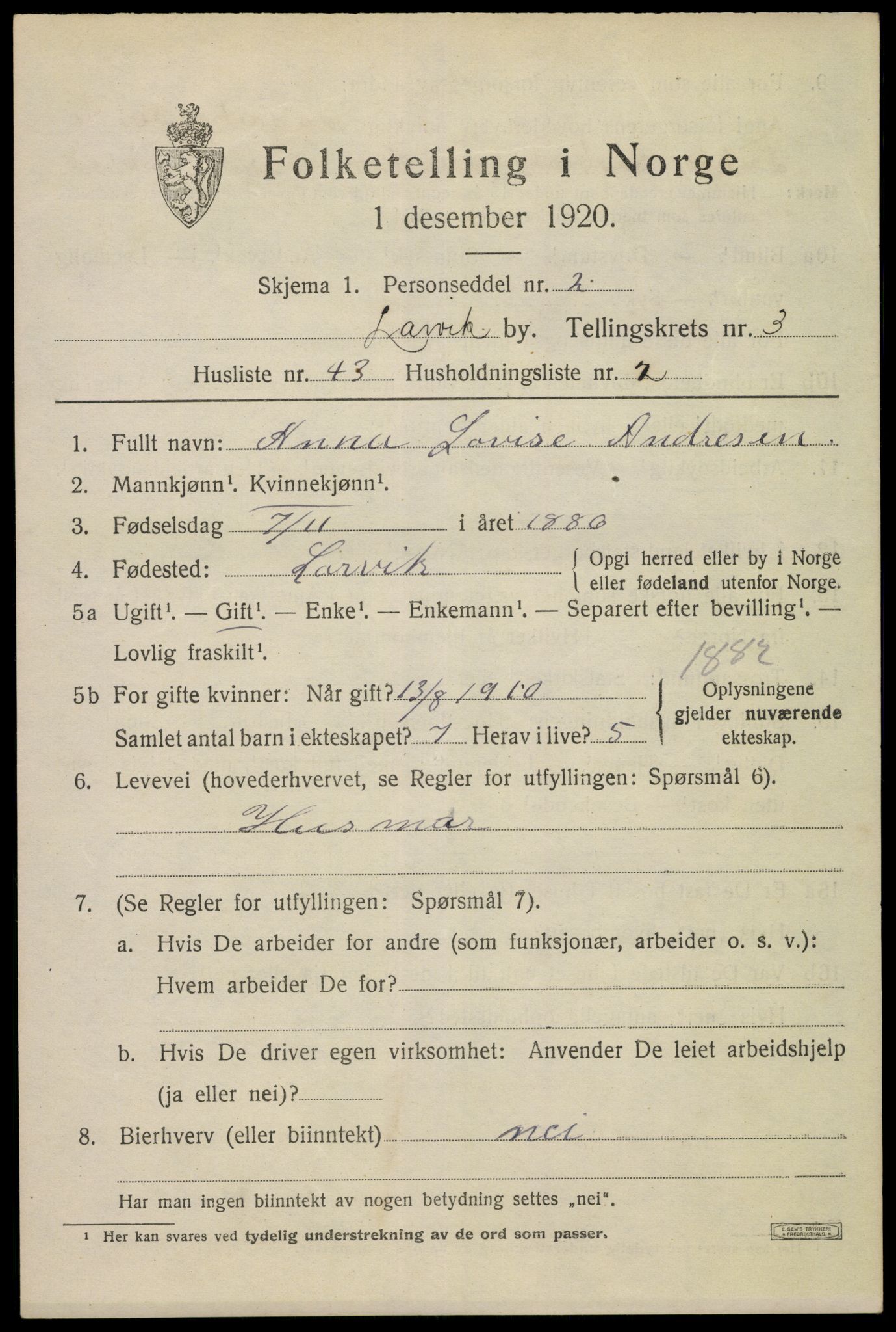 SAKO, 1920 census for Larvik, 1920, p. 13006