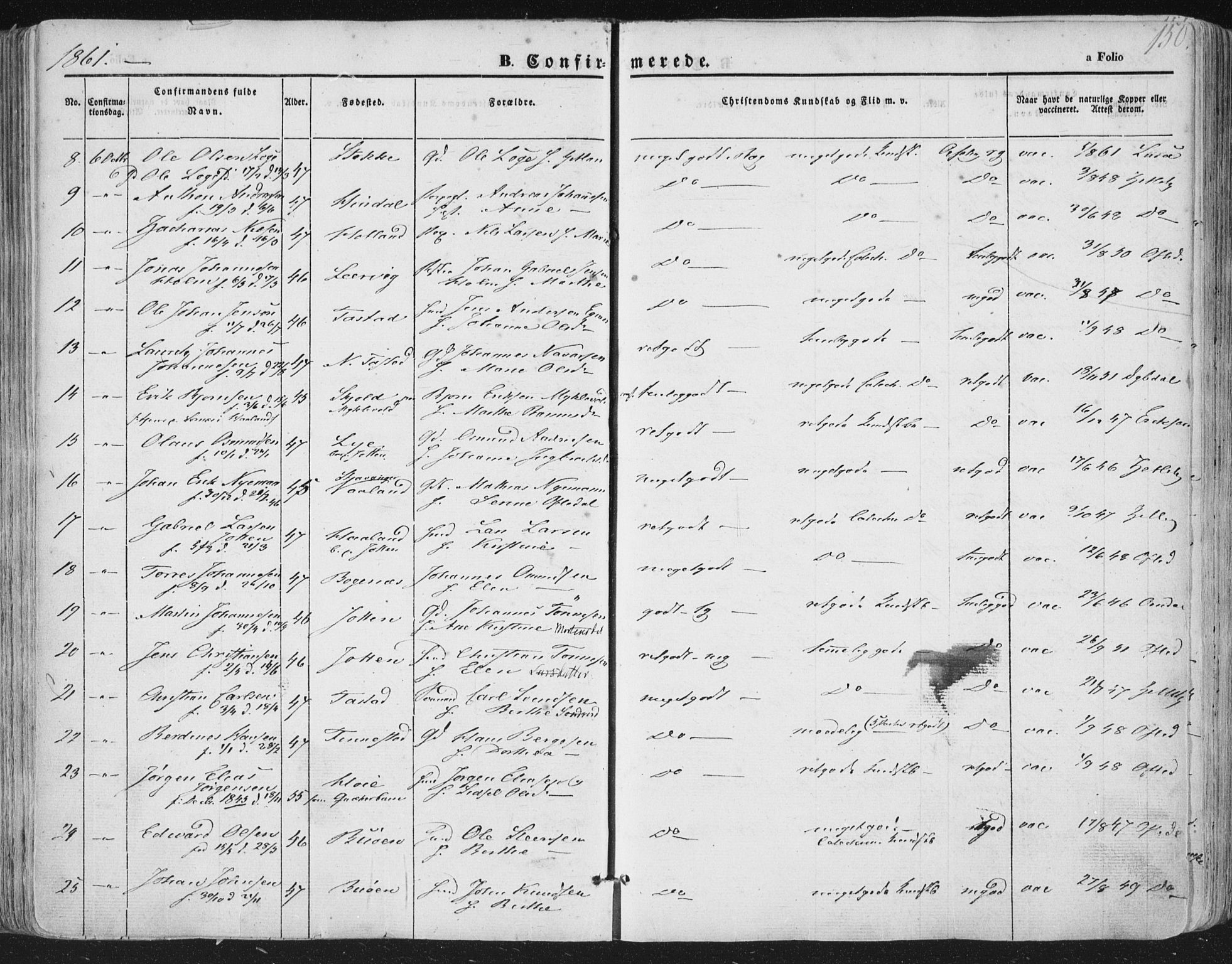 Hetland sokneprestkontor, AV/SAST-A-101826/30/30BA/L0002: Parish register (official) no. A 2, 1849-1869, p. 150