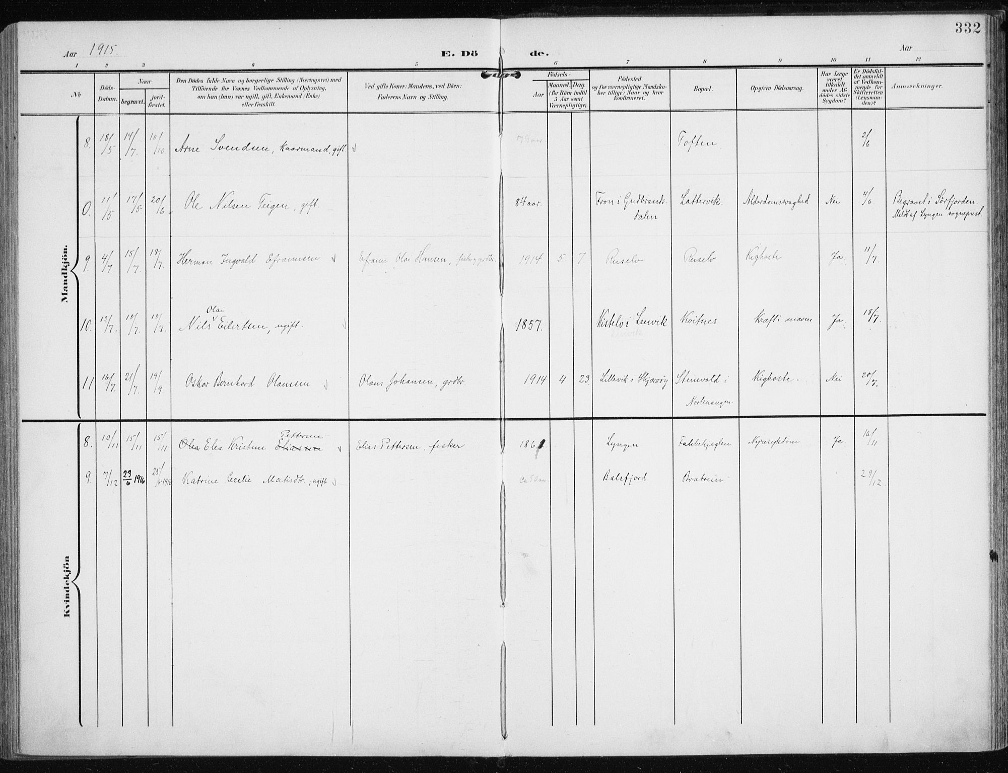 Karlsøy sokneprestembete, AV/SATØ-S-1299/H/Ha/Haa/L0014kirke: Parish register (official) no. 14, 1903-1917, p. 332