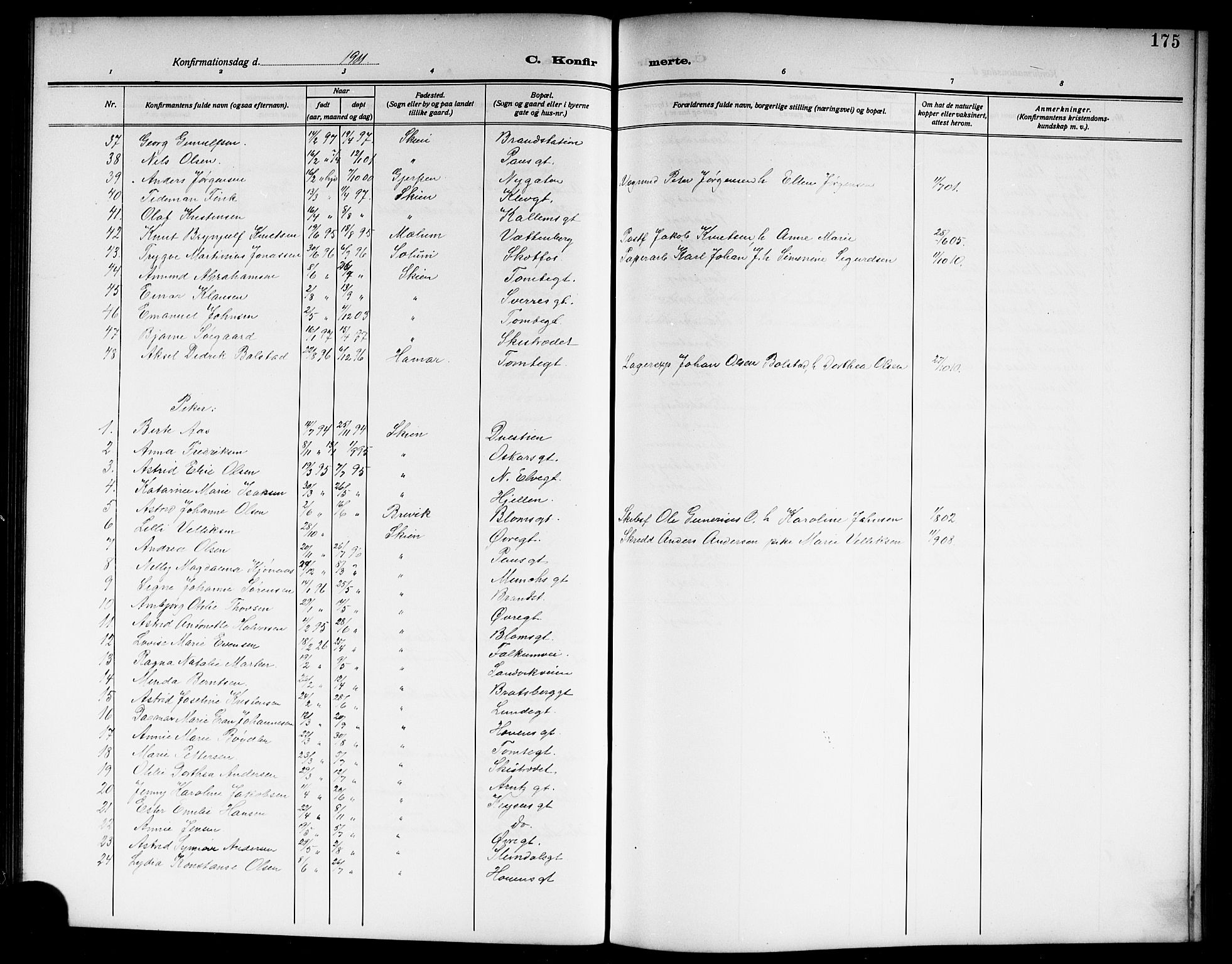 Skien kirkebøker, SAKO/A-302/G/Ga/L0009: Parish register (copy) no. 9, 1910-1920, p. 175