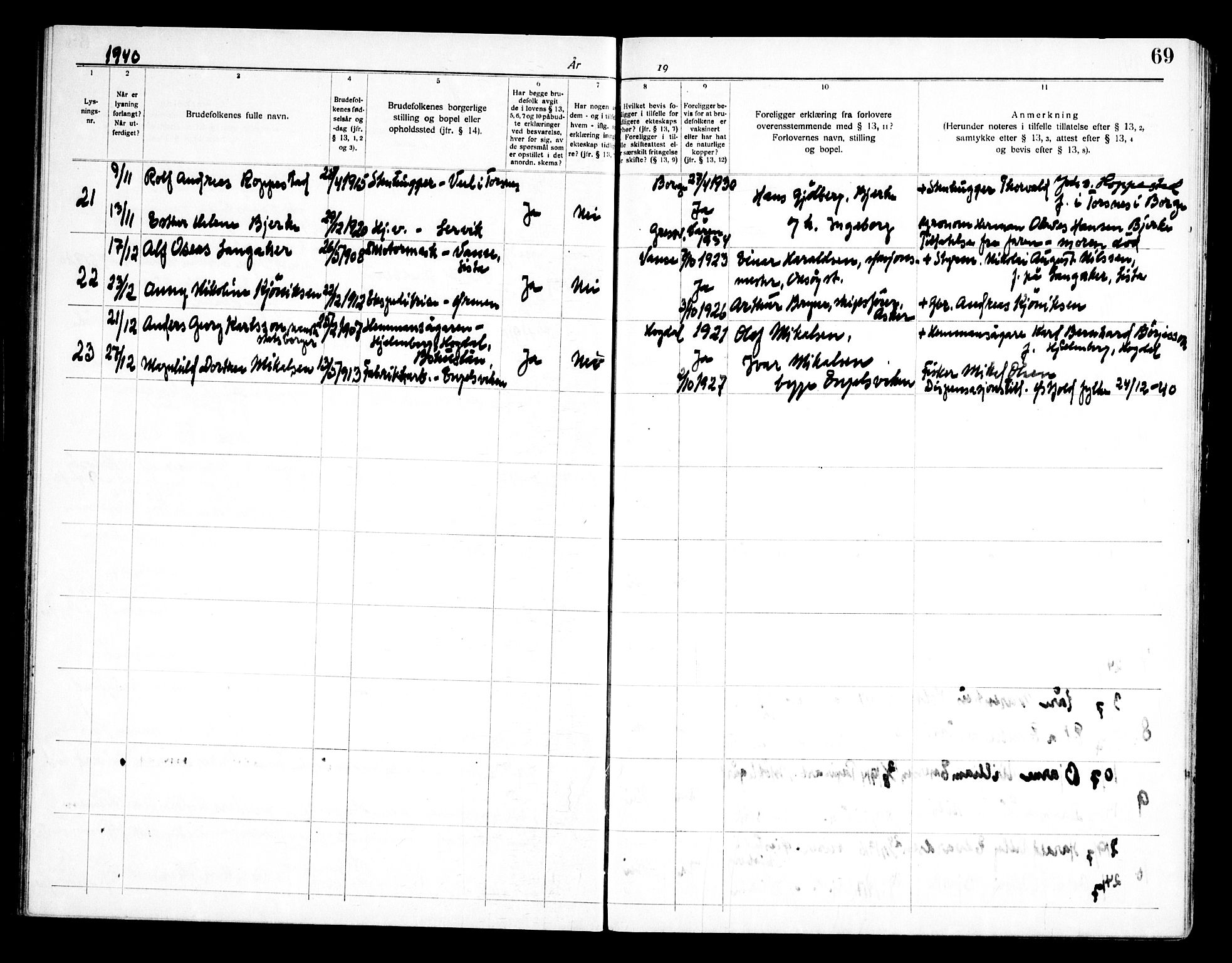 Onsøy prestekontor Kirkebøker, AV/SAO-A-10914/H/Ha/L0001: Banns register no. I 1, 1919-1956, p. 69