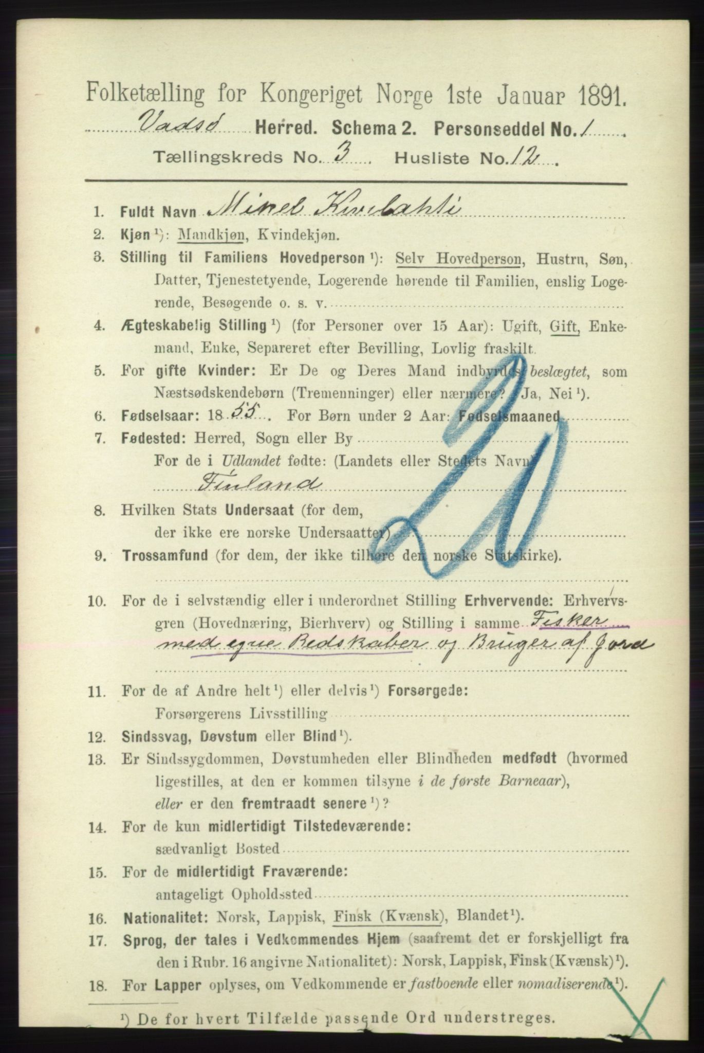 RA, 1891 census for 2029 Vadsø, 1891, p. 884