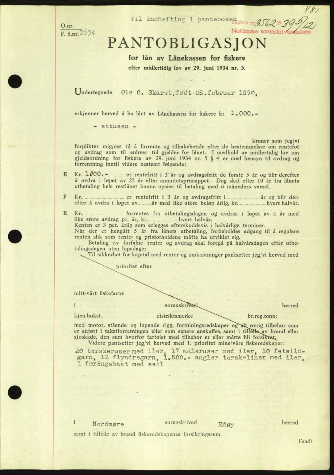 Nordmøre sorenskriveri, AV/SAT-A-4132/1/2/2Ca: Mortgage book no. B86, 1939-1940, Diary no: : 3562/1939