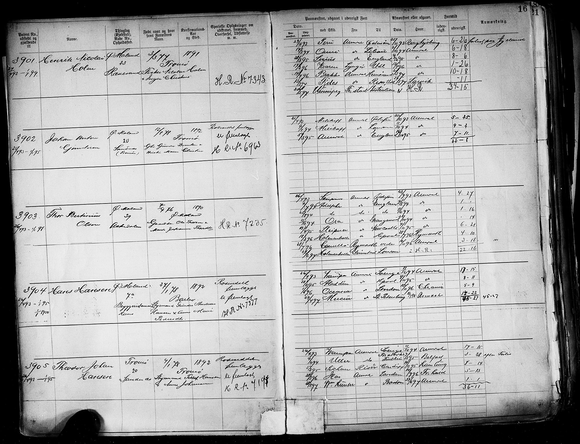 Arendal mønstringskrets, AV/SAK-2031-0012/F/Fa/L0004: Annotasjonsrulle nr 3828-4715 og nr 1-1296, S-4, 1892-1918, p. 19