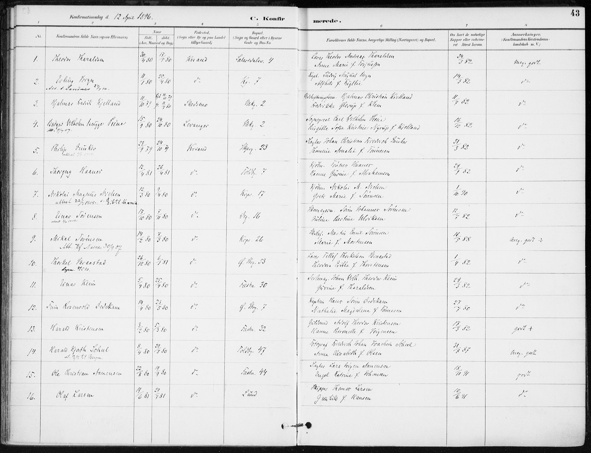 Kristiansand domprosti, SAK/1112-0006/F/Fa/L0020: Parish register (official) no. A 19, 1893-1904, p. 43