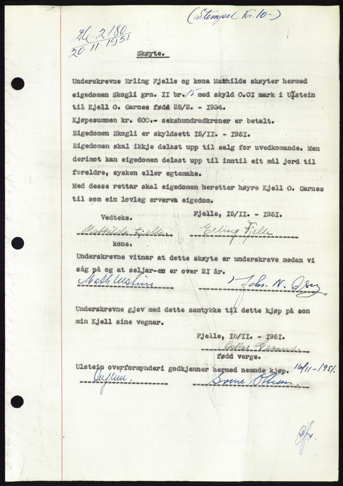 Søre Sunnmøre sorenskriveri, AV/SAT-A-4122/1/2/2C/L0090: Mortgage book no. 16A, 1951-1951, Diary no: : 2180/1951