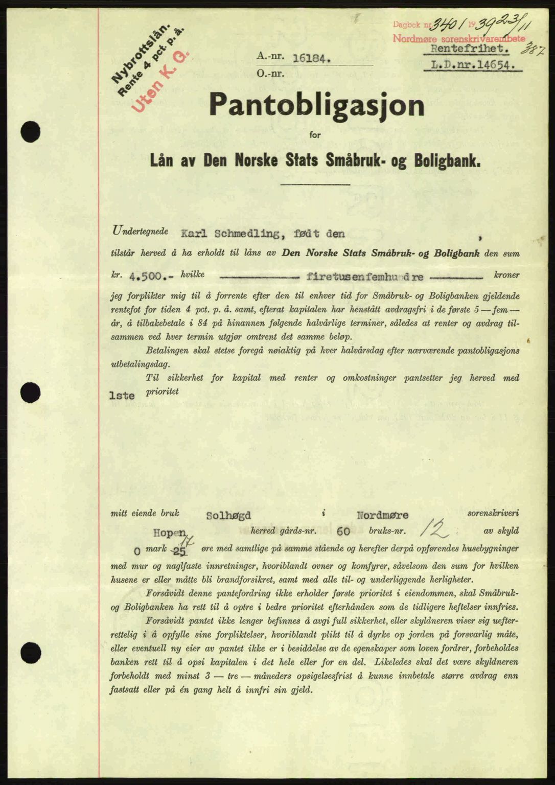 Nordmøre sorenskriveri, AV/SAT-A-4132/1/2/2Ca: Mortgage book no. B86, 1939-1940, Diary no: : 3401/1939