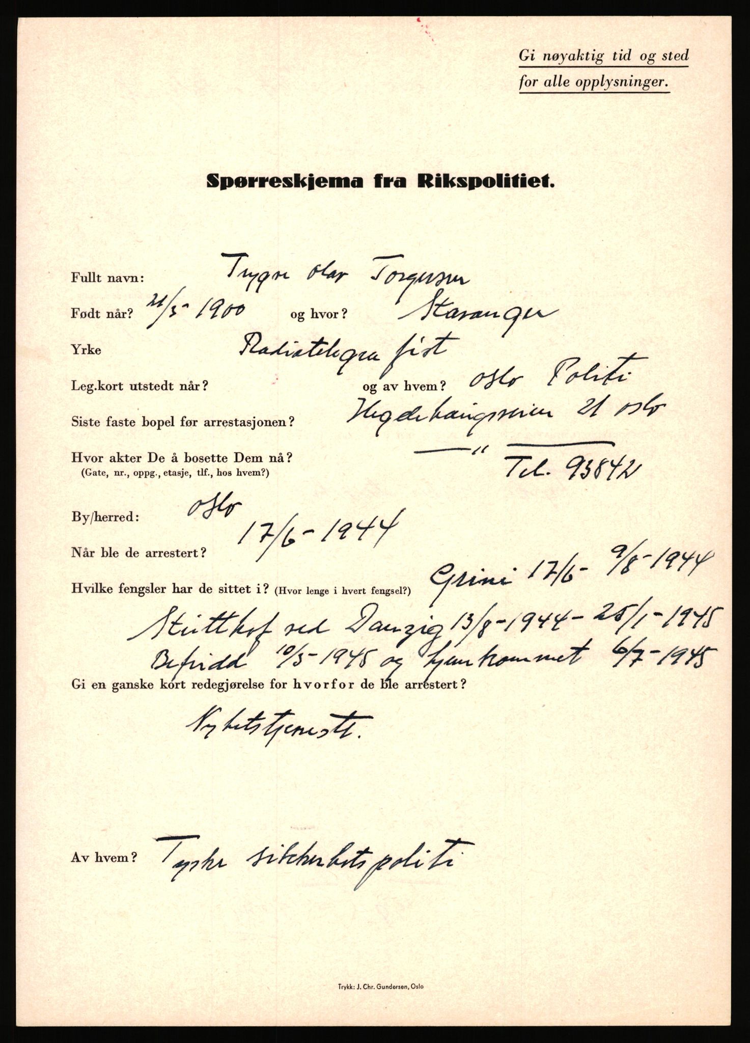 Rikspolitisjefen, AV/RA-S-1560/L/L0017: Tidemann, Hermann G. - Veum, Tjostolv, 1940-1945, p. 249