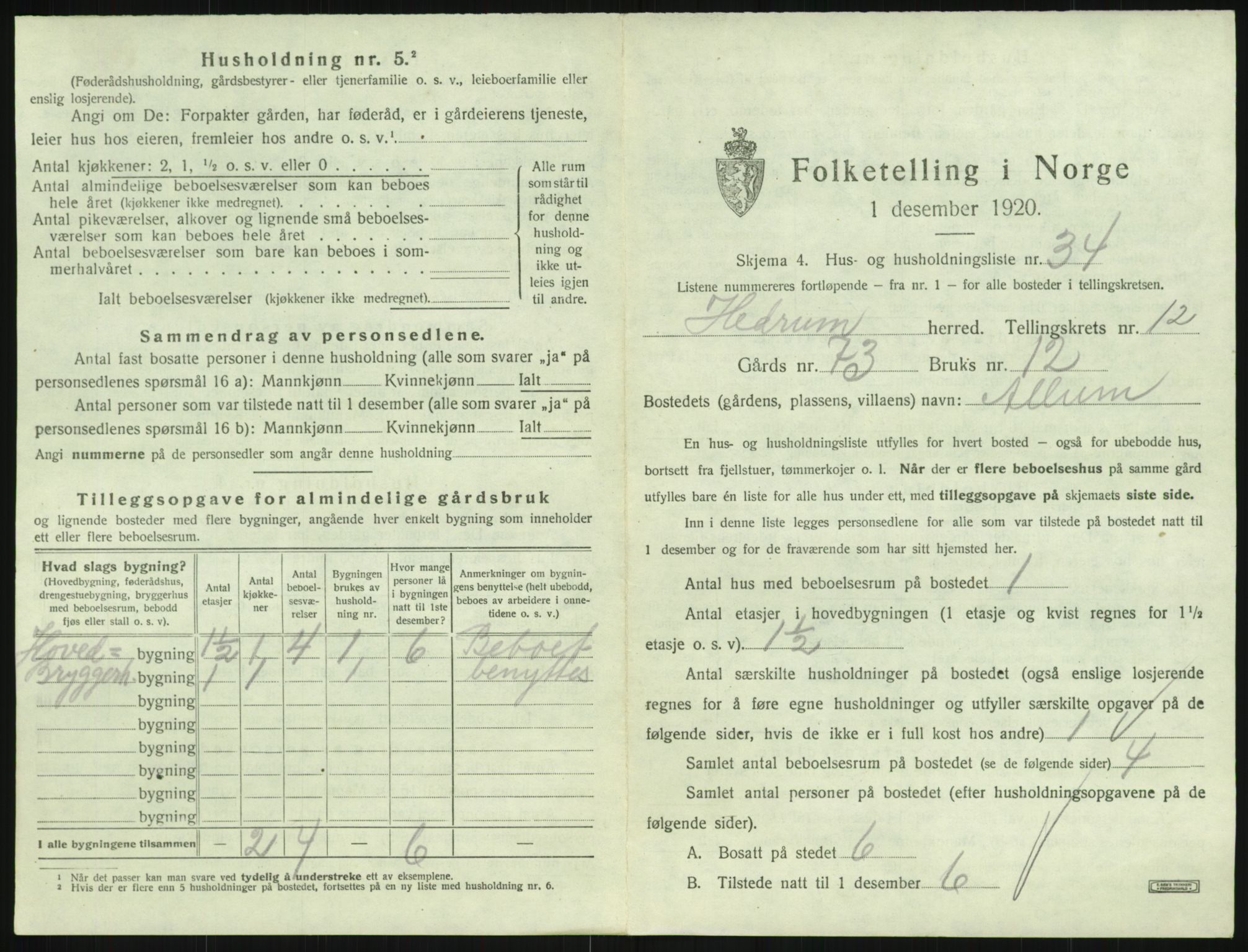 SAKO, 1920 census for Hedrum, 1920, p. 1145