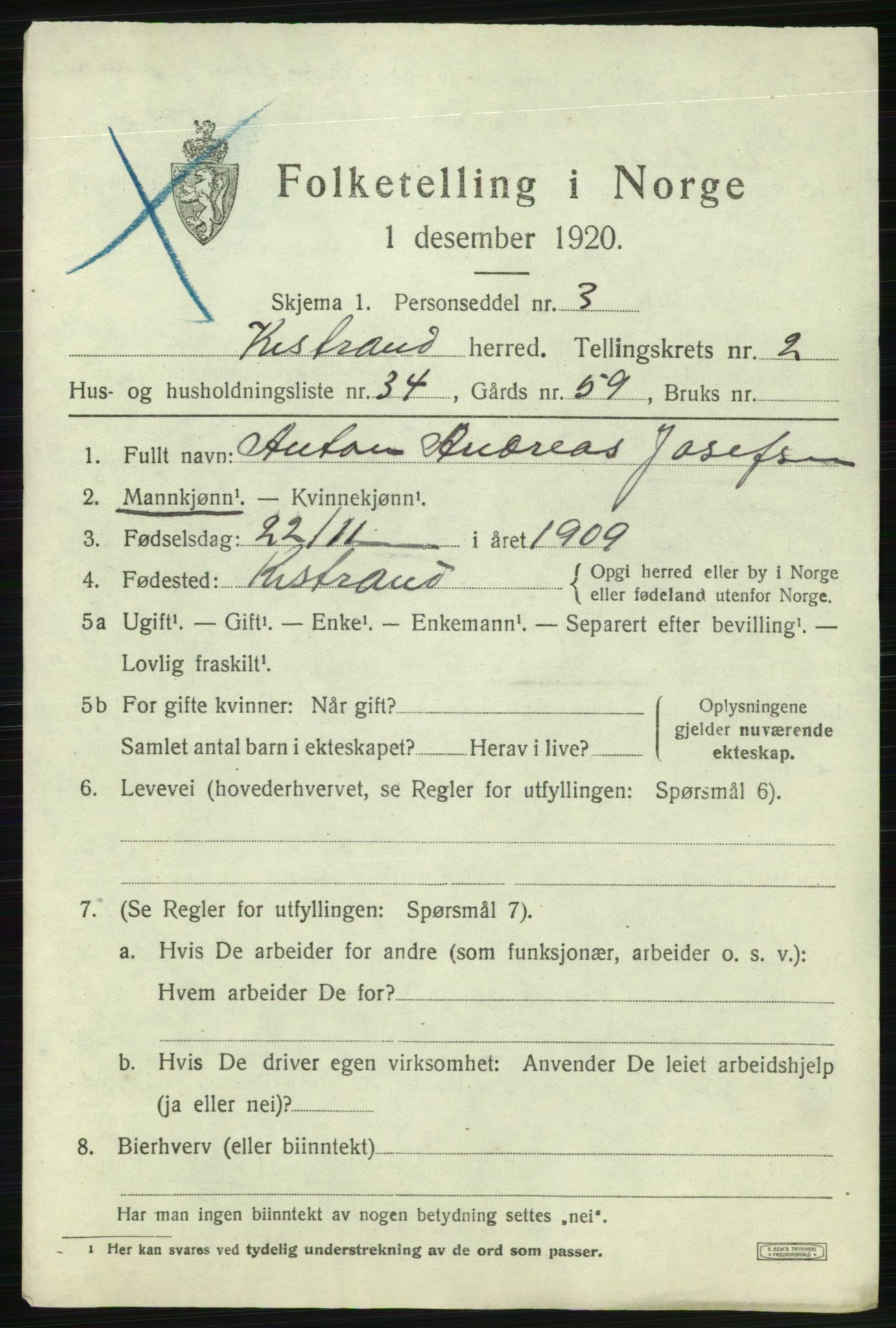 SATØ, 1920 census for Kistrand, 1920, p. 1842