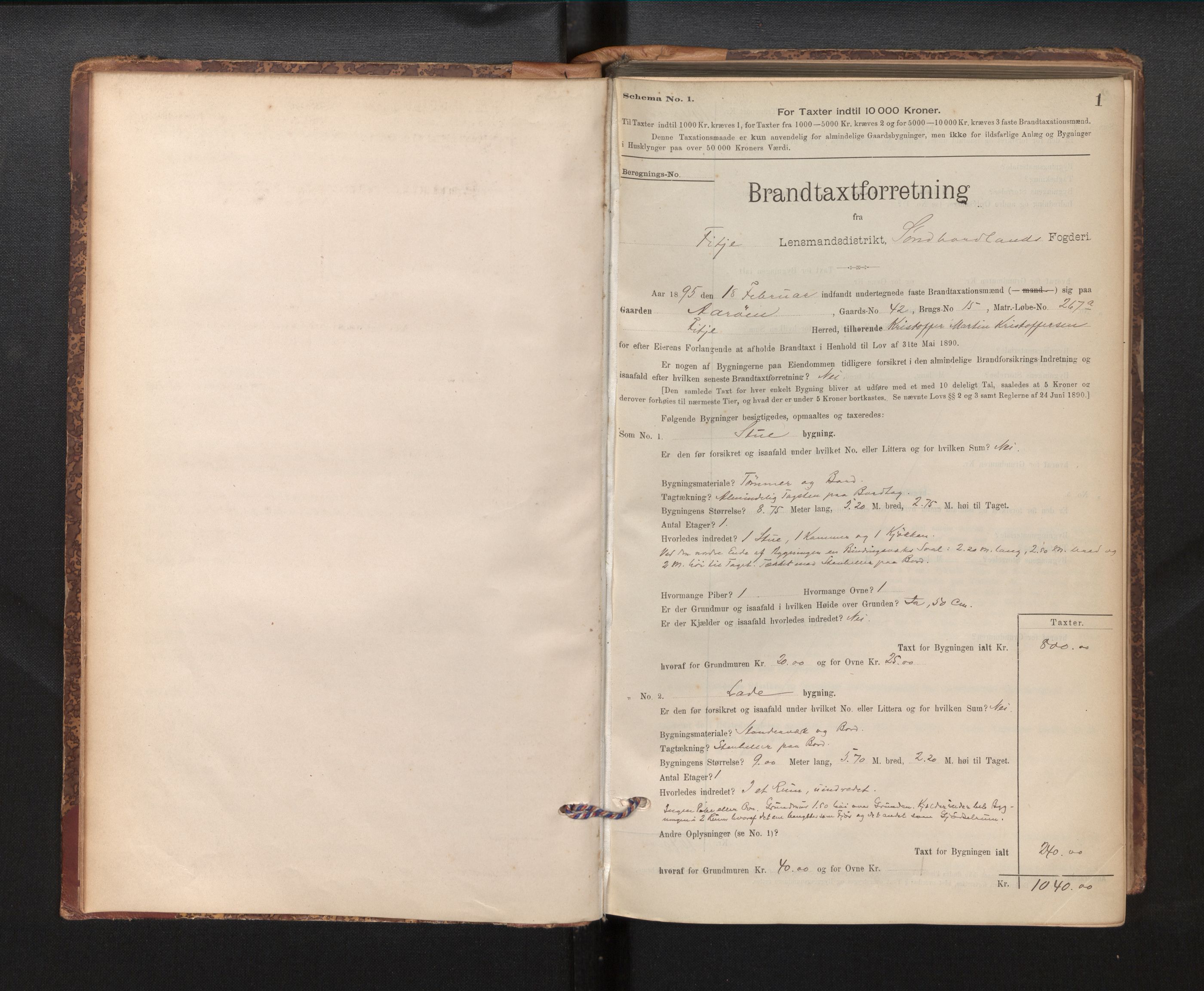 Lensmannen i Fitjar, SAB/A-32001/0012/L0001: Branntakstprotokoll, skjematakst, 1895-1948, p. 1