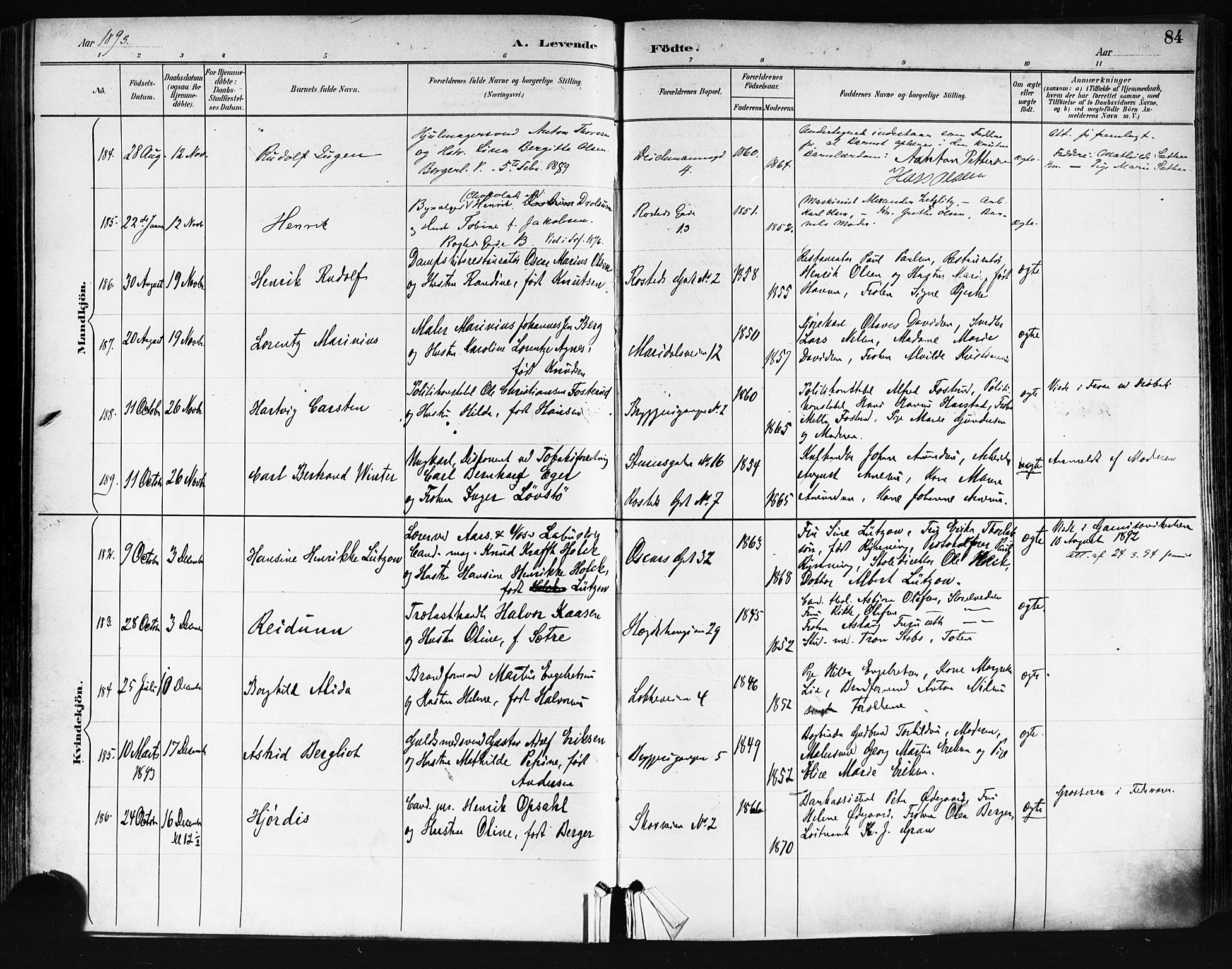 Trefoldighet prestekontor Kirkebøker, AV/SAO-A-10882/F/Fa/L0006: Parish register (official) no. I 6, 1891-1899, p. 84