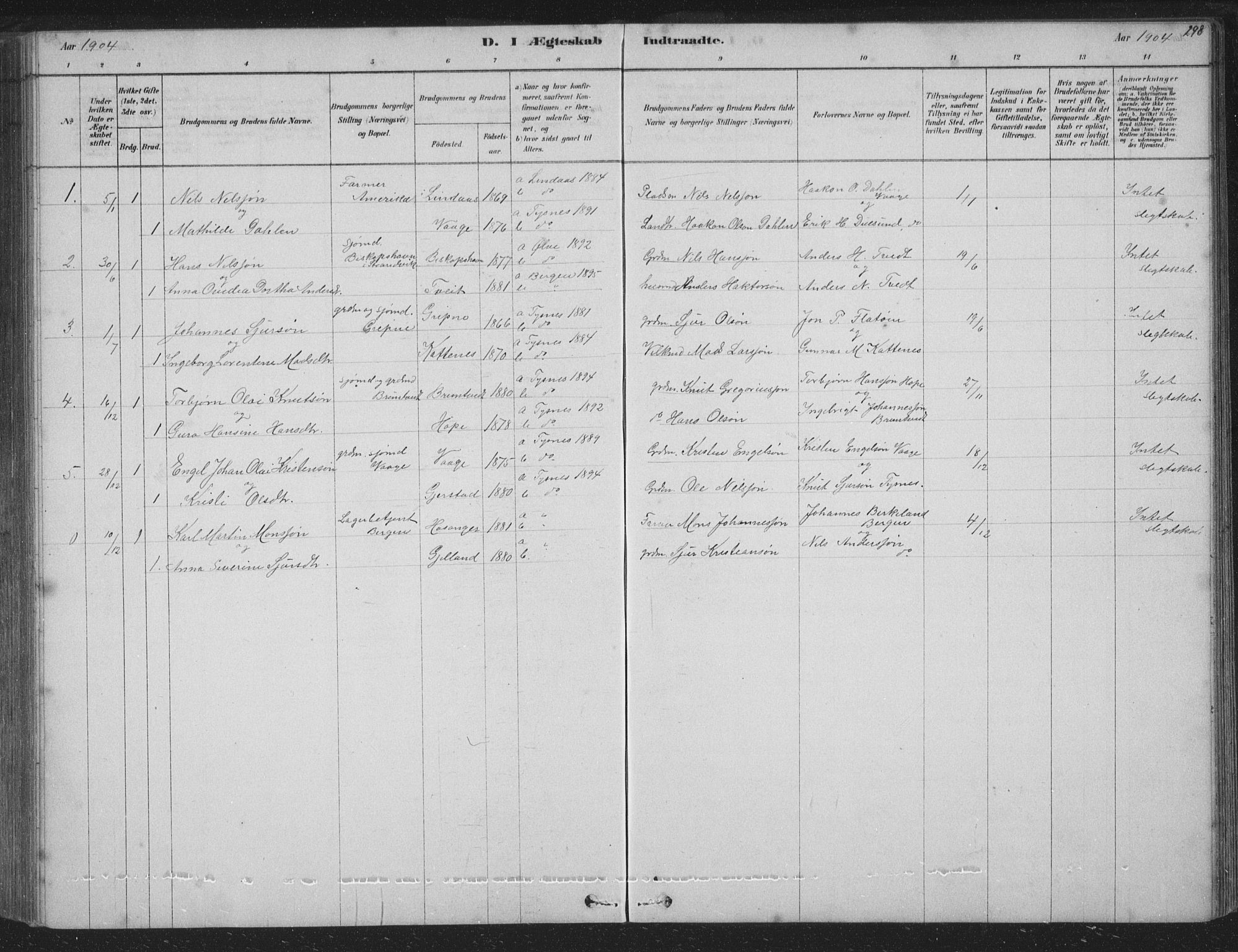 Tysnes sokneprestembete, SAB/A-78601/H/Hab: Parish register (copy) no. B 2, 1878-1918, p. 298