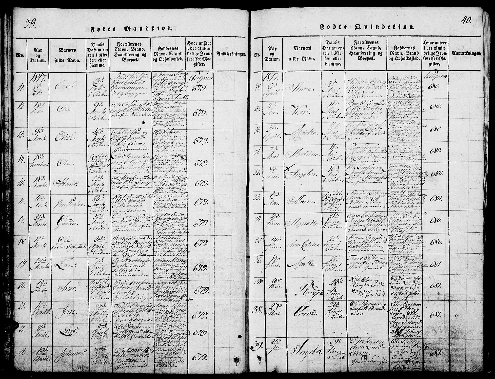 Stange prestekontor, AV/SAH-PREST-002/L/L0001: Parish register (copy) no. 1, 1814-1825, p. 39-40