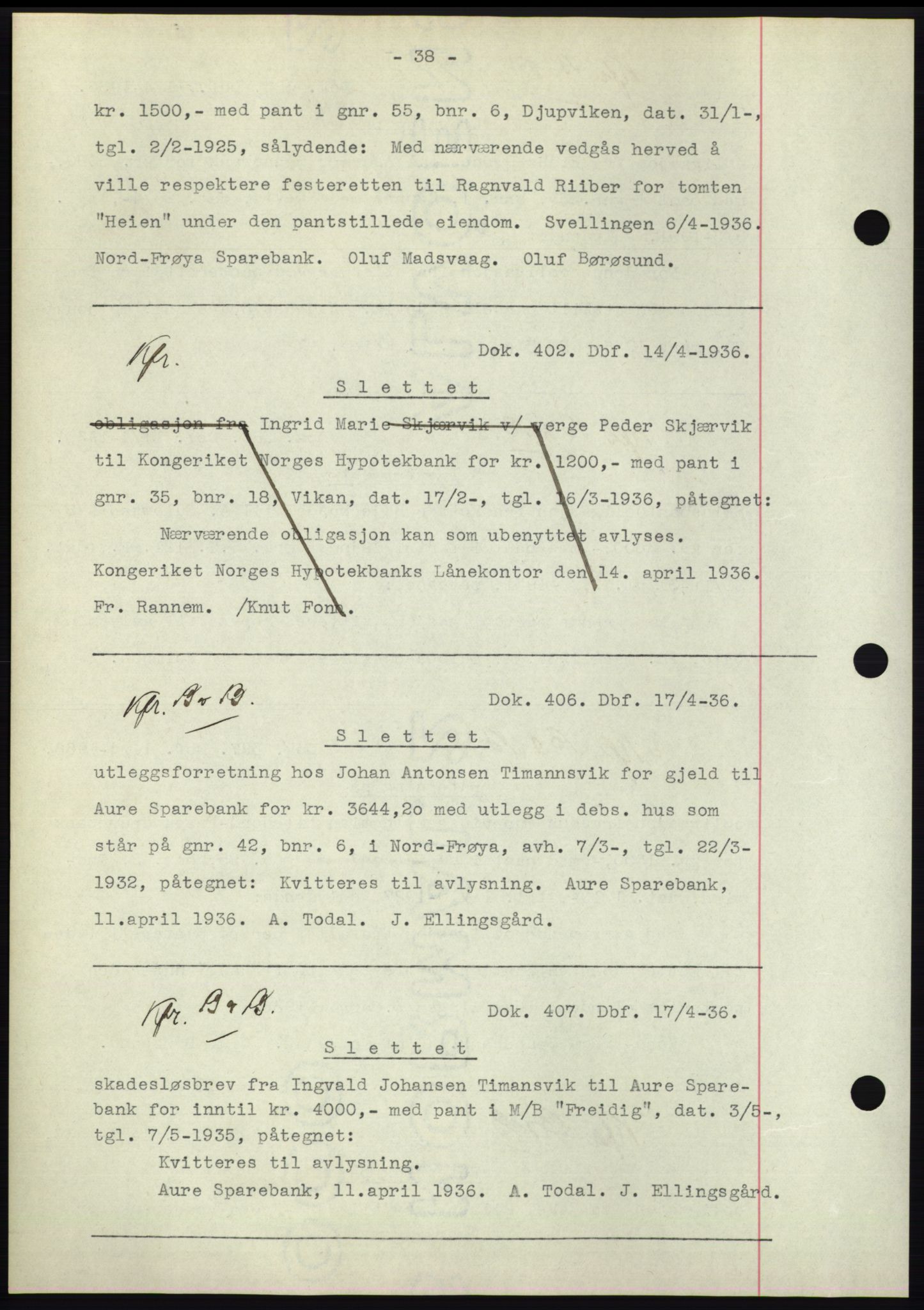 Hitra sorenskriveri, AV/SAT-A-0018/2/2C/2Ca: Mortgage book no. C1, 1936-1945, Diary no: : 402/1936