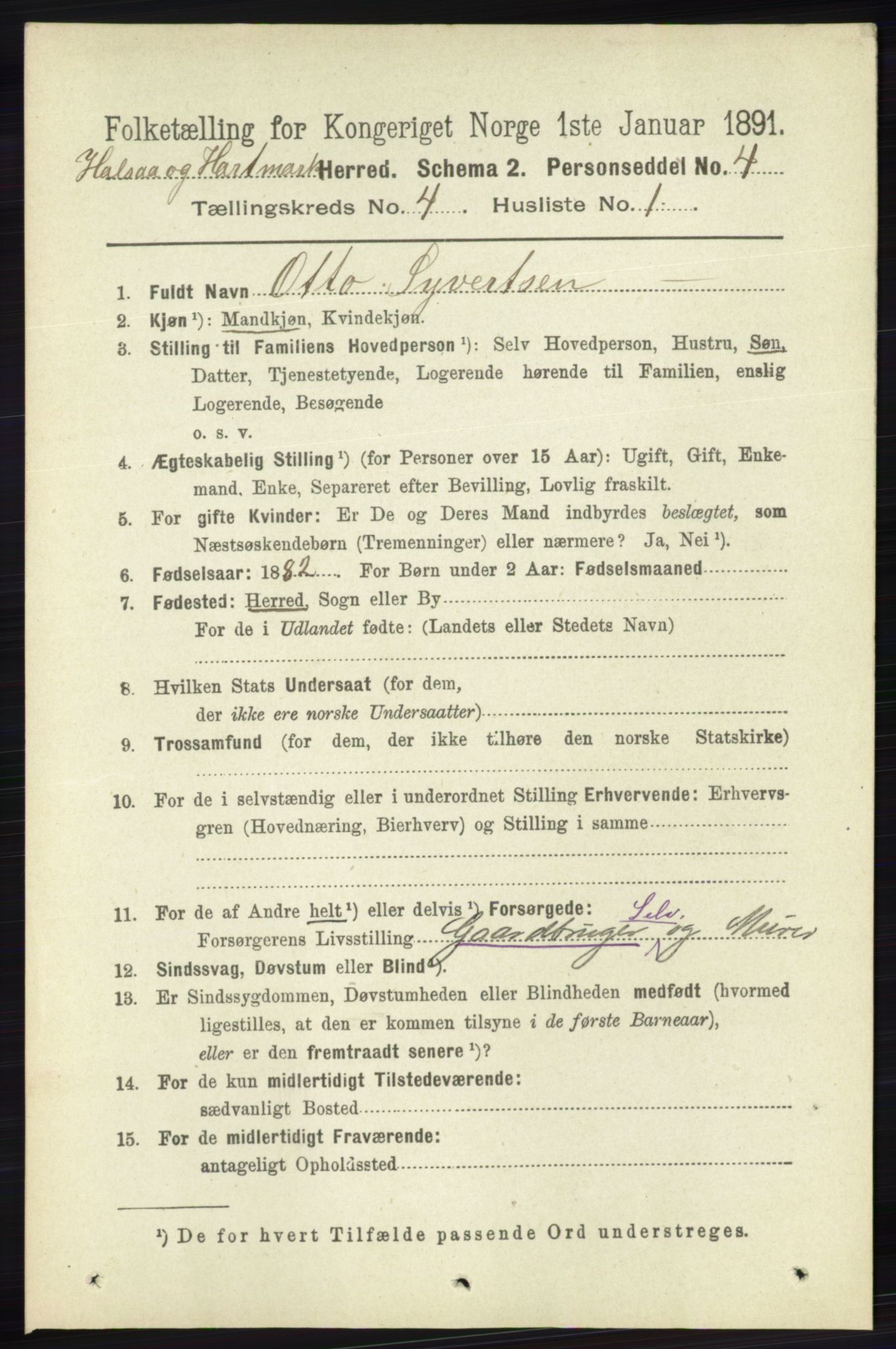 RA, 1891 census for 1019 Halse og Harkmark, 1891, p. 1495