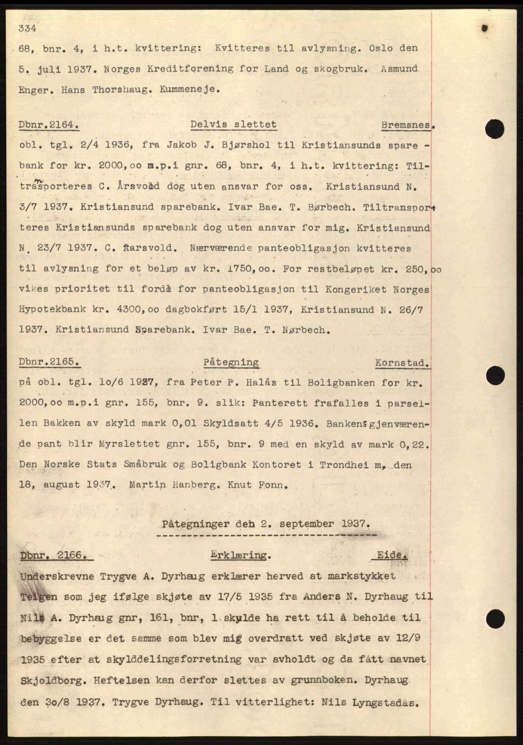 Nordmøre sorenskriveri, AV/SAT-A-4132/1/2/2Ca: Mortgage book no. C80, 1936-1939, Diary no: : 2164/1937