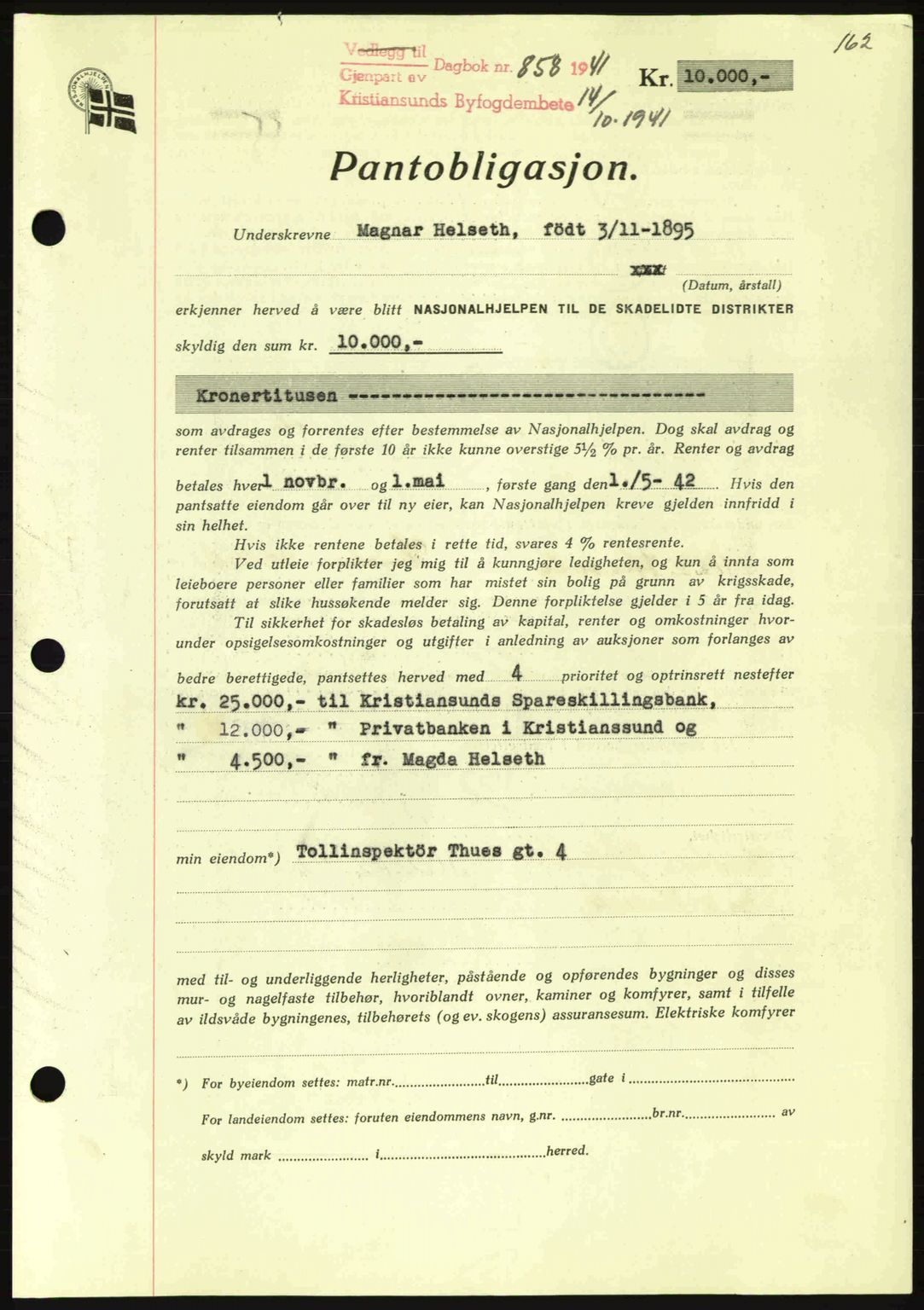 Kristiansund byfogd, AV/SAT-A-4587/A/27: Mortgage book no. 35, 1941-1942, Diary no: : 858/1941