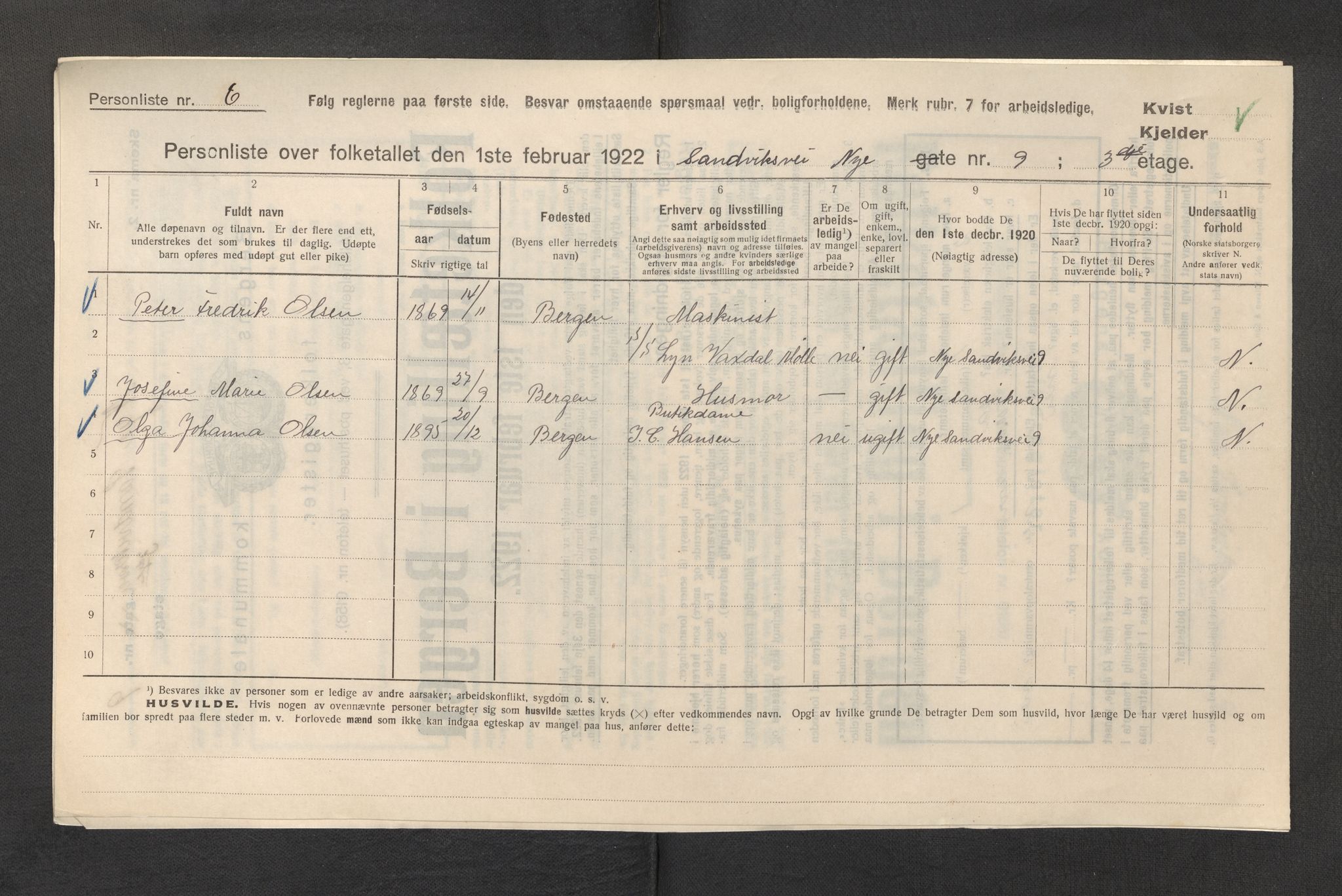 SAB, Municipal Census 1922 for Bergen, 1922, p. 34646