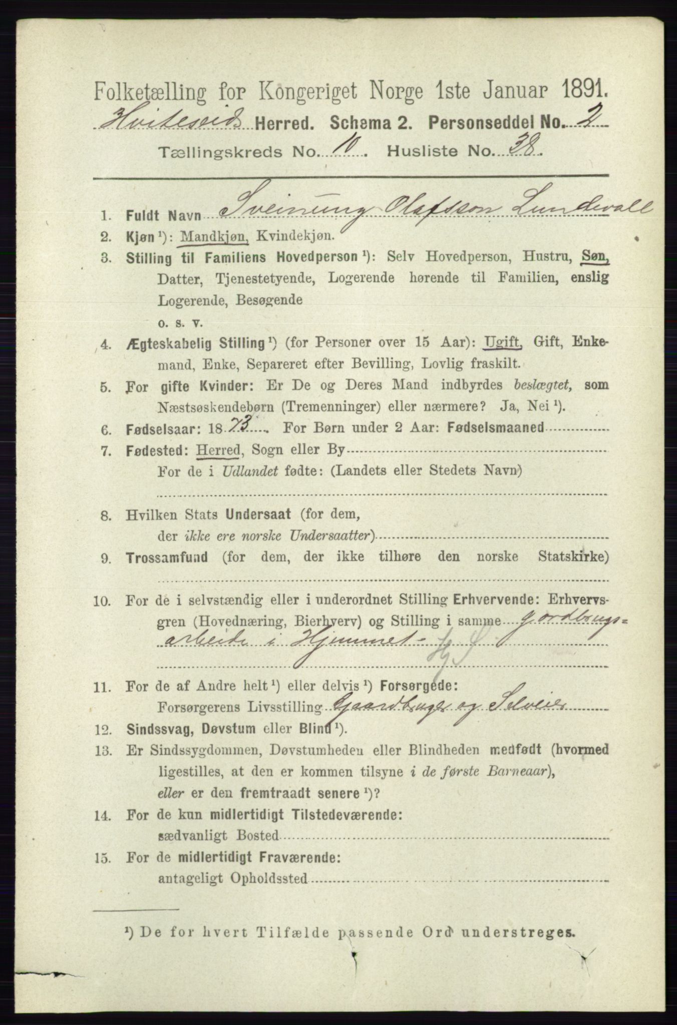 RA, 1891 census for 0829 Kviteseid, 1891, p. 2485