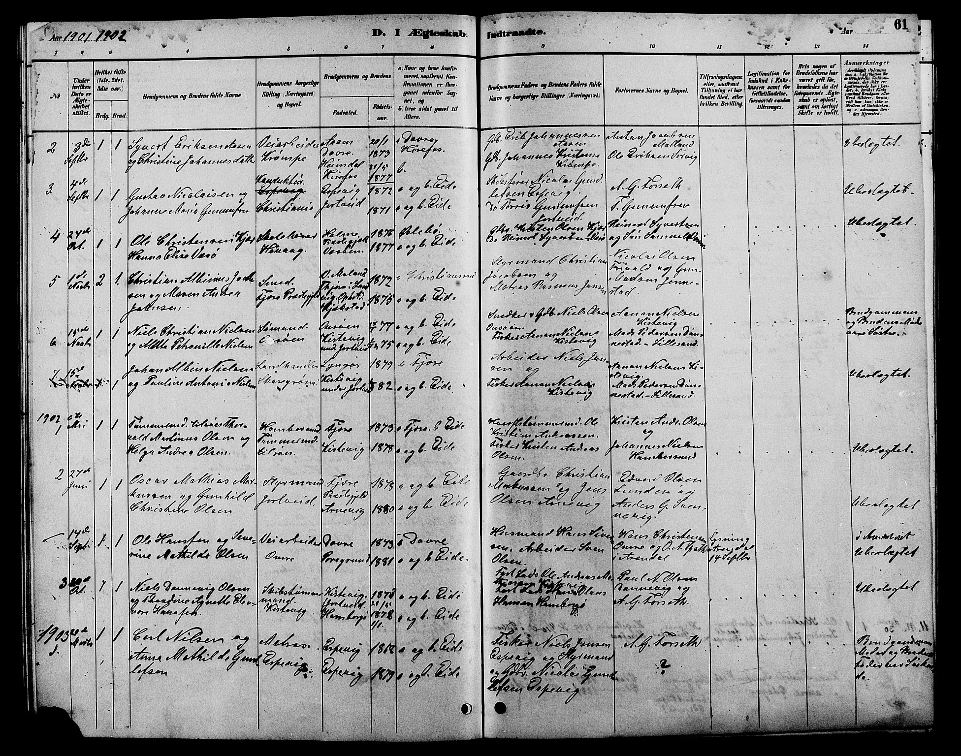 Hommedal sokneprestkontor, SAK/1111-0023/F/Fb/Fba/L0004: Parish register (copy) no. B 4, 1885-1908, p. 61