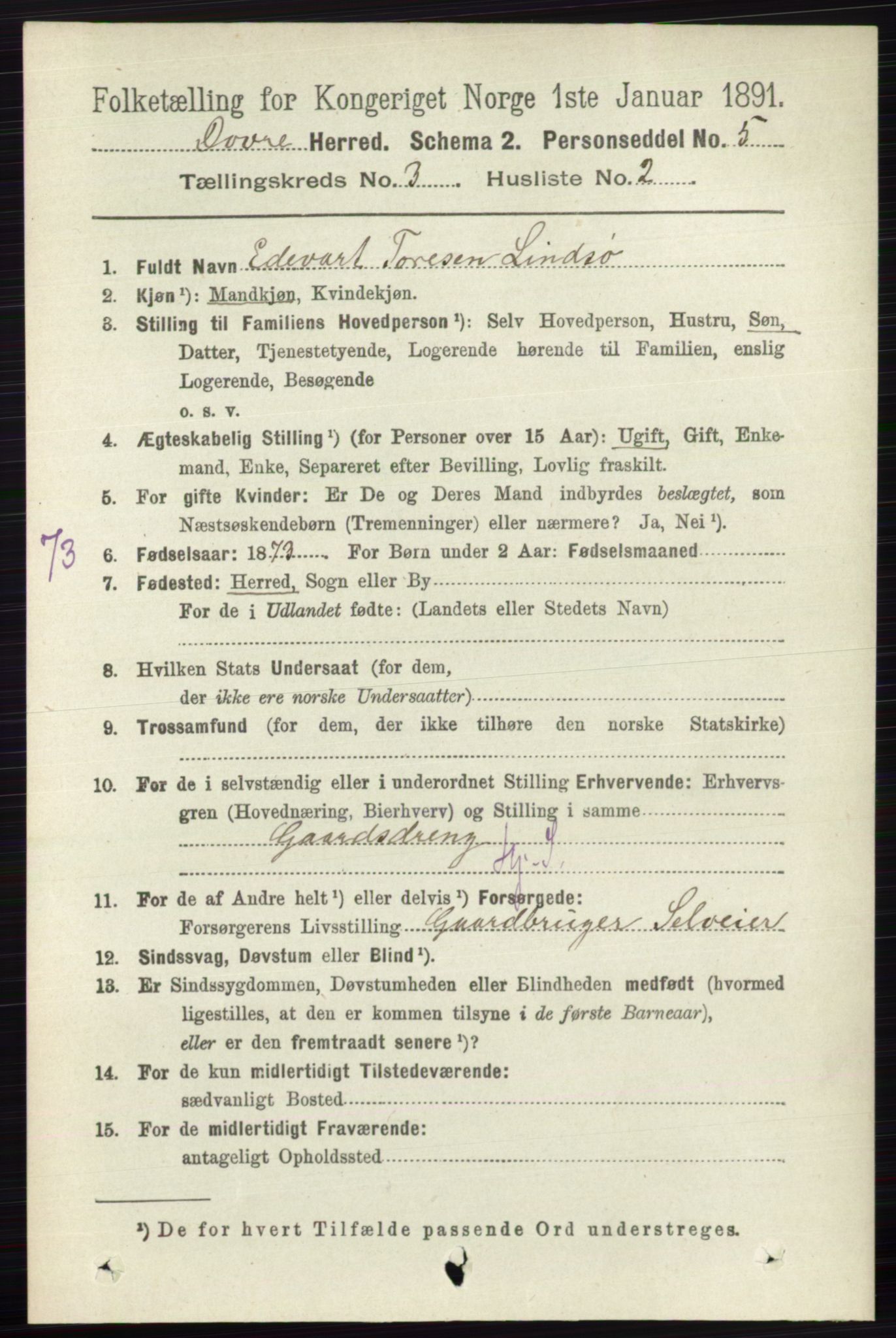 RA, 1891 census for 0511 Dovre, 1891, p. 1406