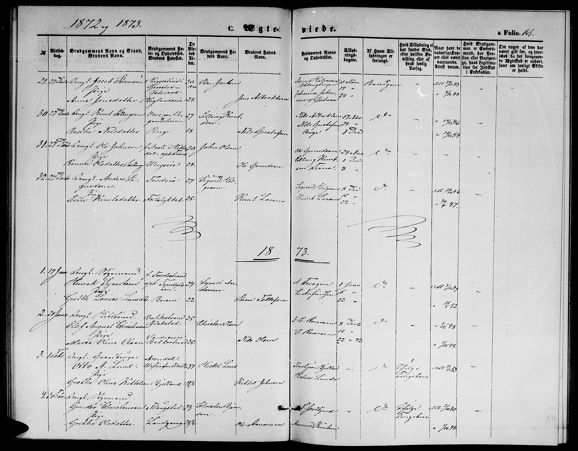 Holt sokneprestkontor, AV/SAK-1111-0021/F/Fb/L0009: Parish register (copy) no. B 9, 1871-1883, p. 168