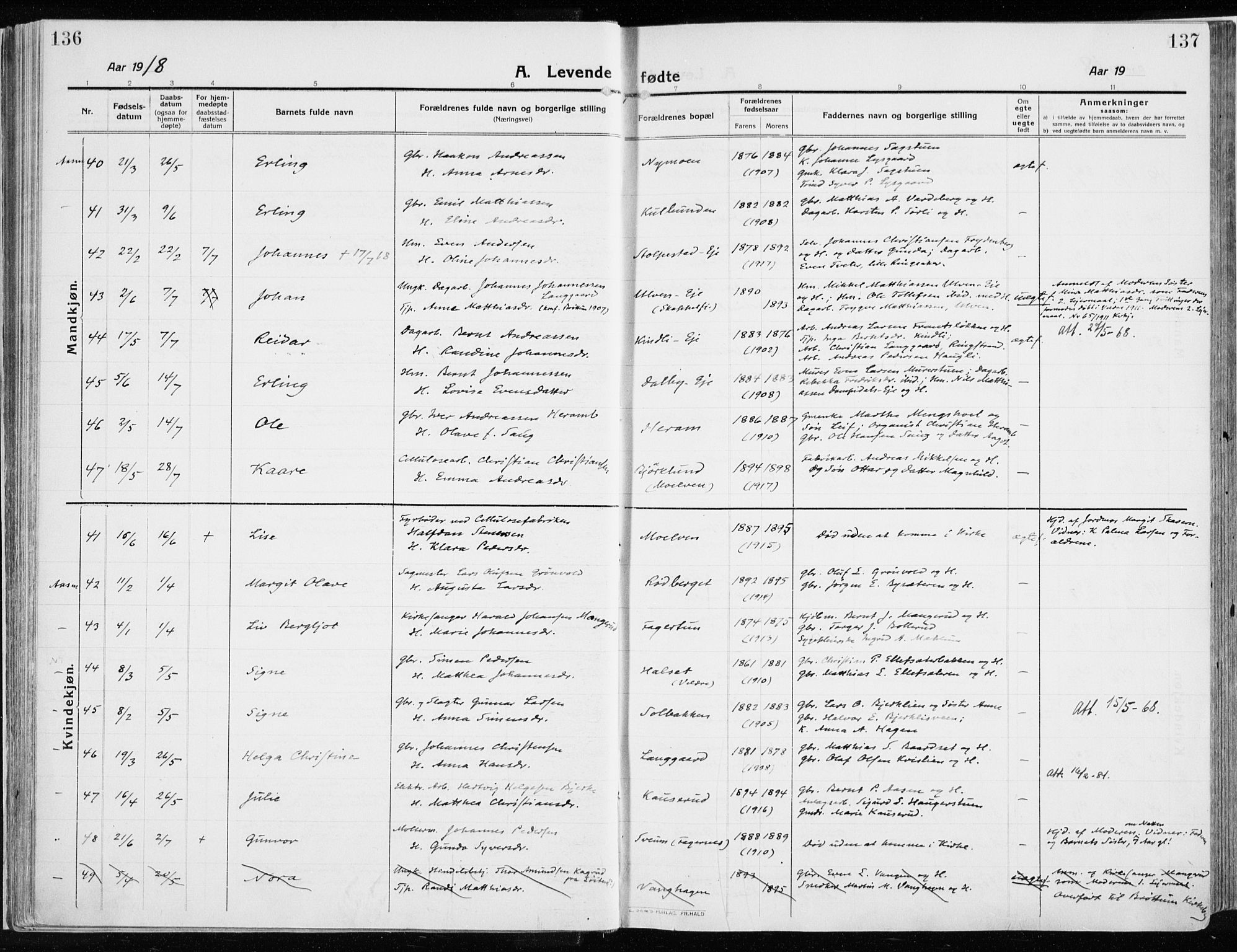 Ringsaker prestekontor, AV/SAH-PREST-014/K/Ka/L0020: Parish register (official) no. 20, 1913-1922, p. 136-137