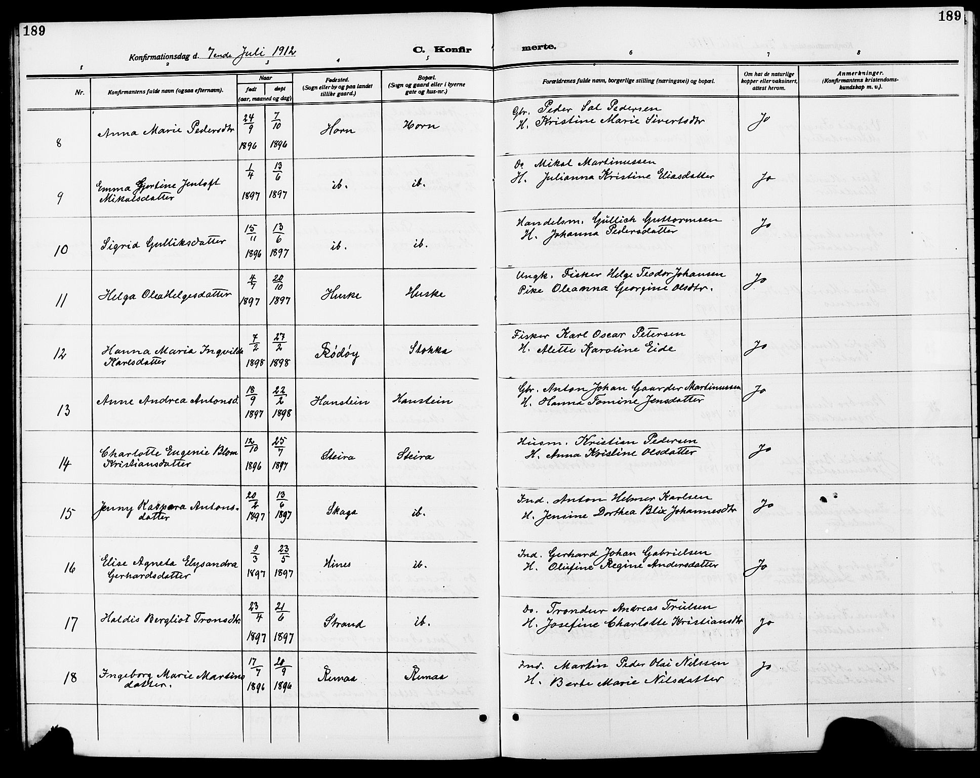 Ministerialprotokoller, klokkerbøker og fødselsregistre - Nordland, AV/SAT-A-1459/838/L0560: Parish register (copy) no. 838C07, 1910-1928, p. 189