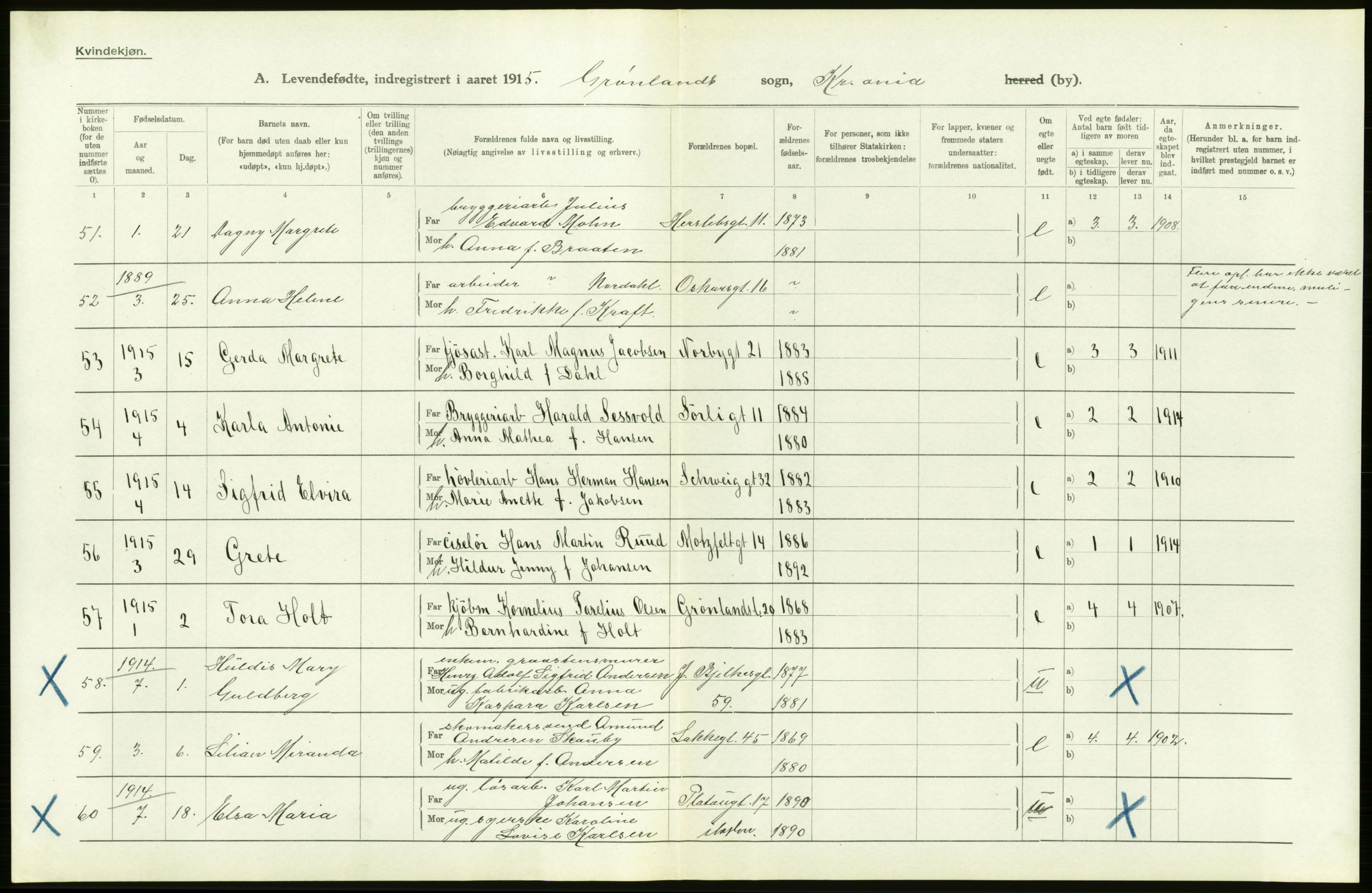 Statistisk sentralbyrå, Sosiodemografiske emner, Befolkning, AV/RA-S-2228/D/Df/Dfb/Dfbe/L0006: Kristiania: Levendefødte menn og kvinner., 1915, p. 666