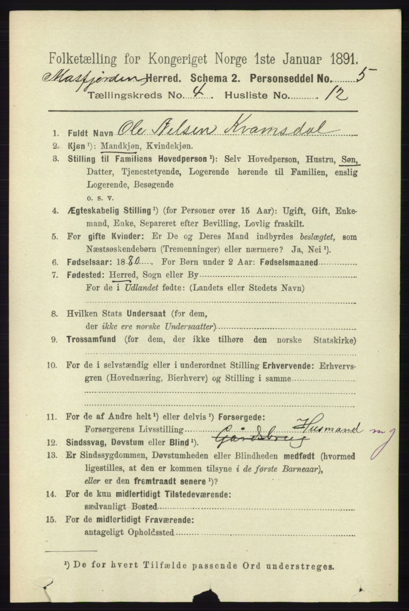 RA, 1891 census for 1266 Masfjorden, 1891, p. 826