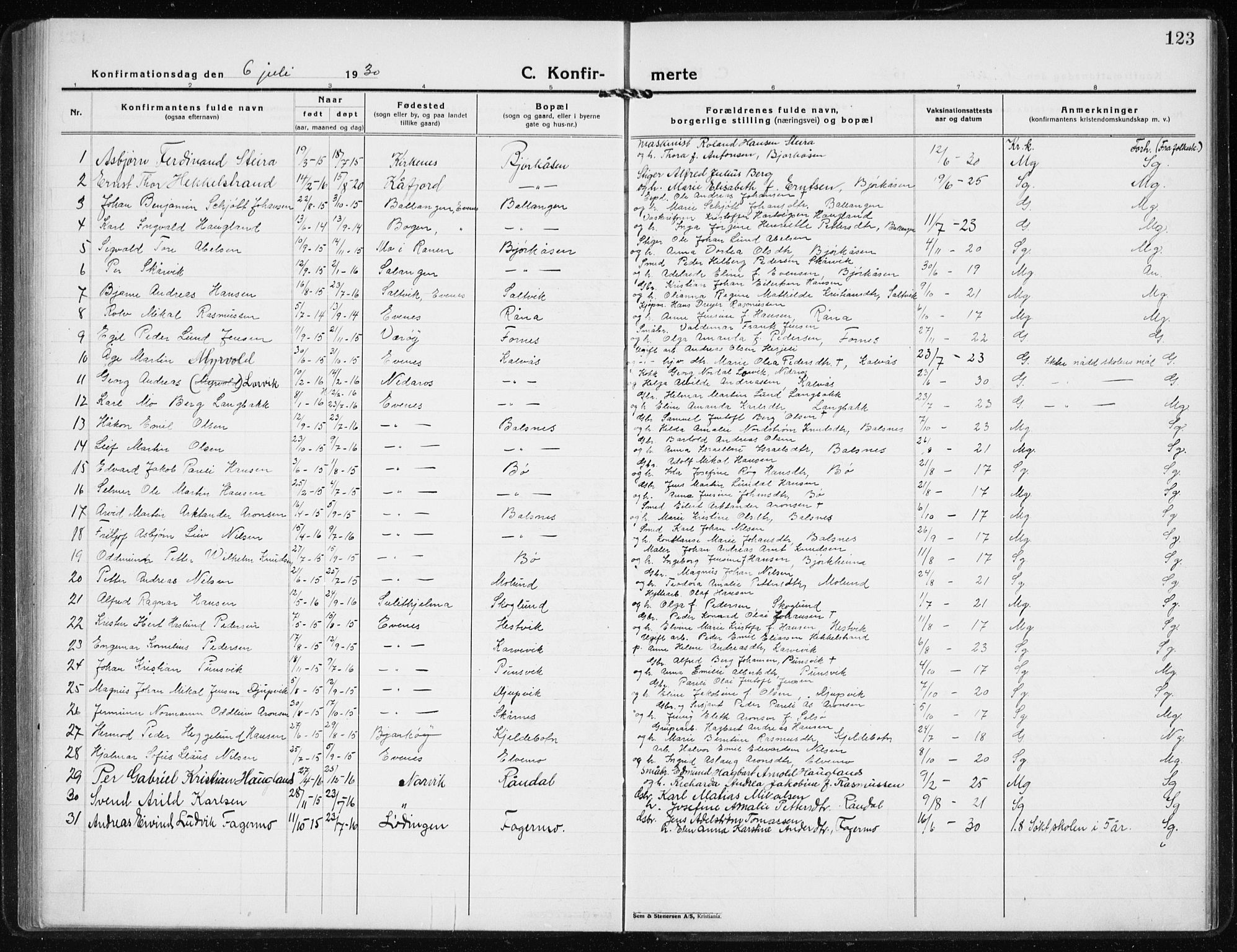 Ministerialprotokoller, klokkerbøker og fødselsregistre - Nordland, AV/SAT-A-1459/869/L0975: Parish register (copy) no. 869C01, 1923-1939, p. 123