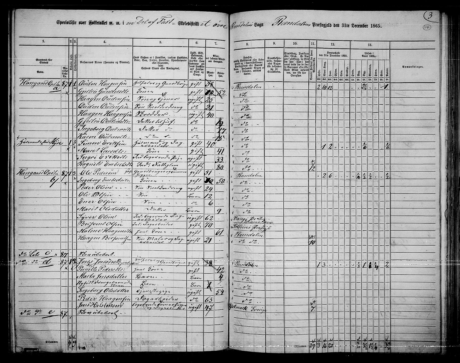 RA, 1865 census for Rendalen, 1865, p. 93