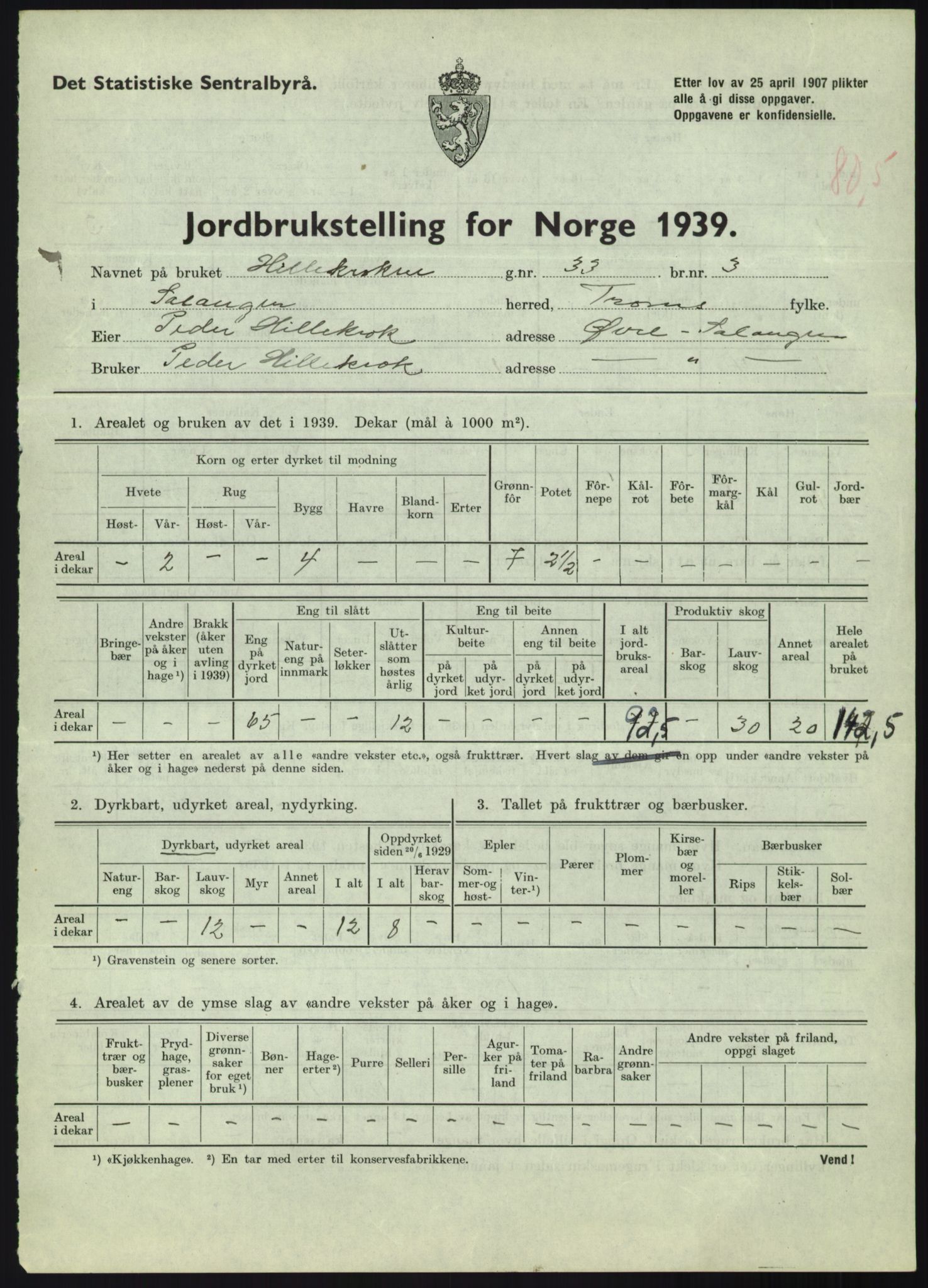 Statistisk sentralbyrå, Næringsøkonomiske emner, Jordbruk, skogbruk, jakt, fiske og fangst, AV/RA-S-2234/G/Gb/L0340: Troms: Salangen og Dyrøy, 1939, p. 710