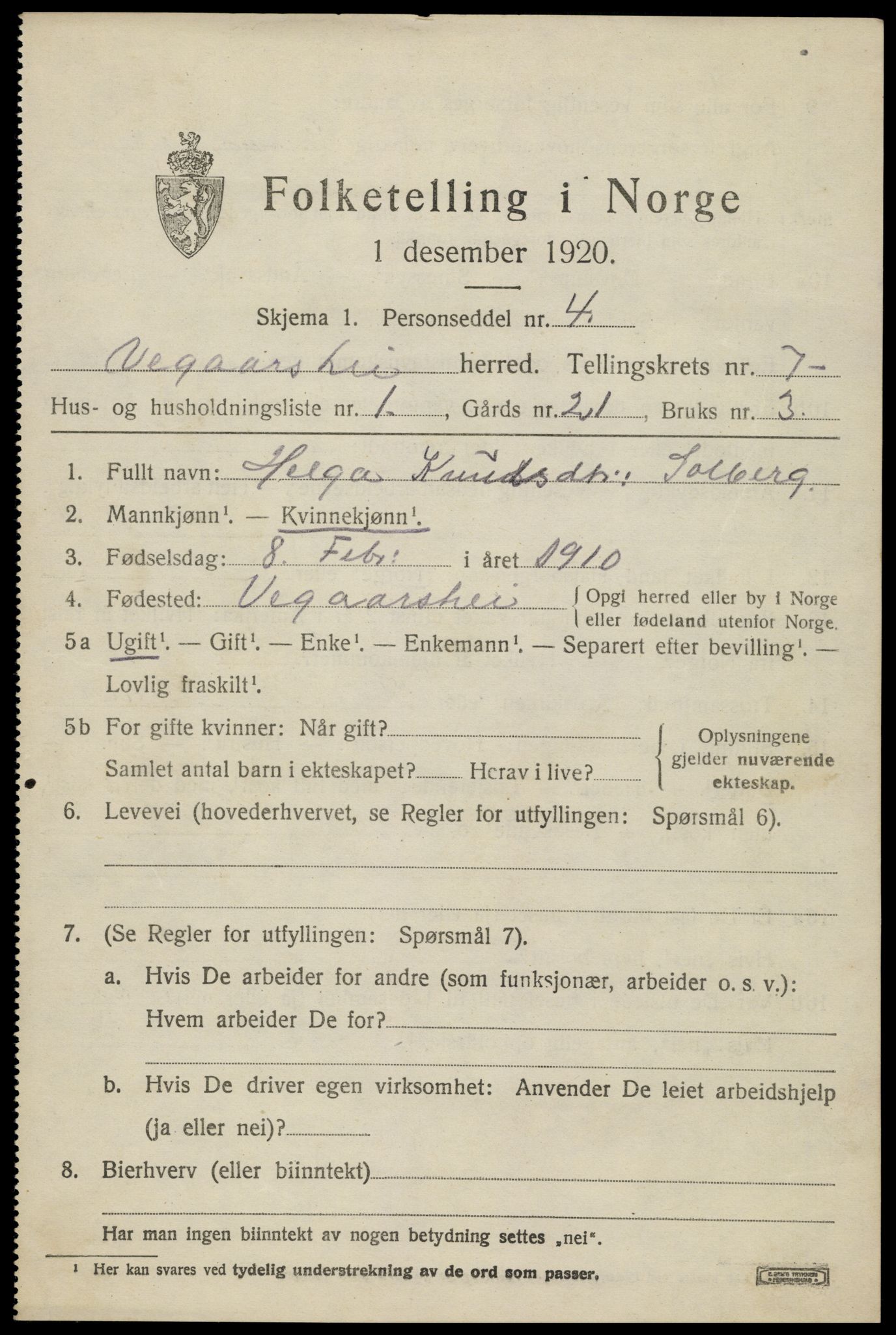 SAK, 1920 census for Vegårshei, 1920, p. 2462