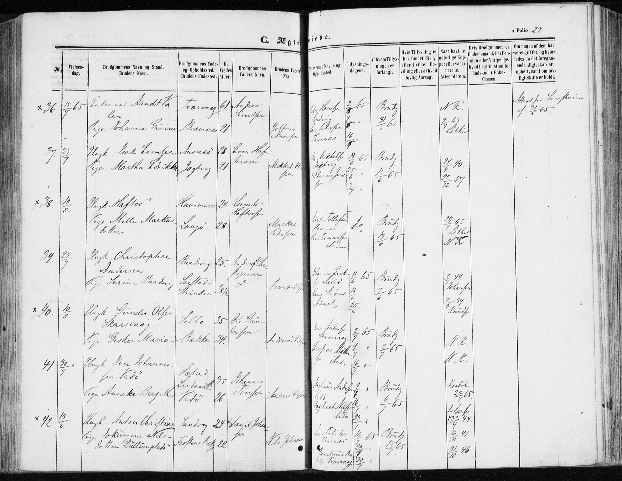 Ministerialprotokoller, klokkerbøker og fødselsregistre - Sør-Trøndelag, AV/SAT-A-1456/634/L0531: Parish register (official) no. 634A07, 1861-1870, p. 27