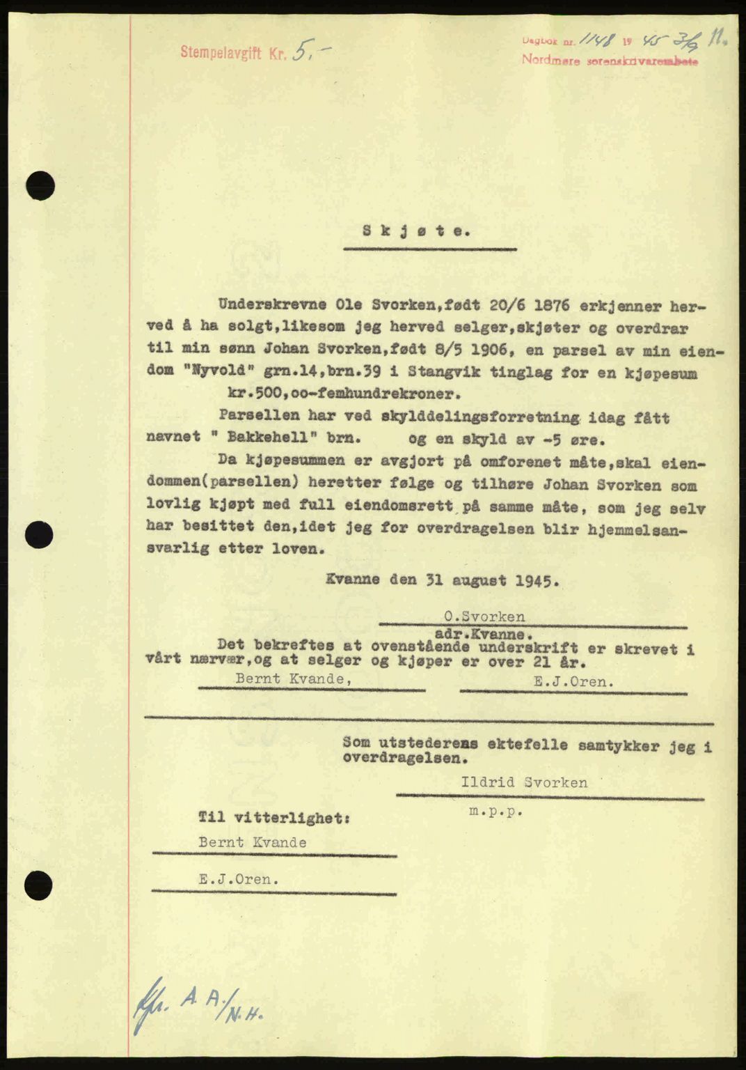 Nordmøre sorenskriveri, AV/SAT-A-4132/1/2/2Ca: Mortgage book no. A100a, 1945-1945, Diary no: : 1148/1945